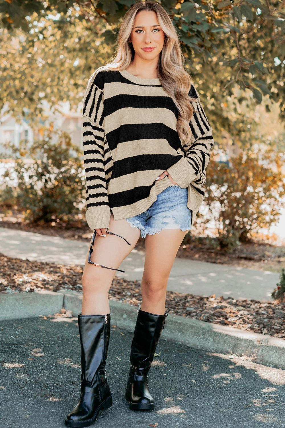 Brown Stripe Drop Shoulder Sleeve Patchwork Baggy Sweater-TOPS / DRESSES-[Adult]-[Female]-2022 Online Blue Zone Planet