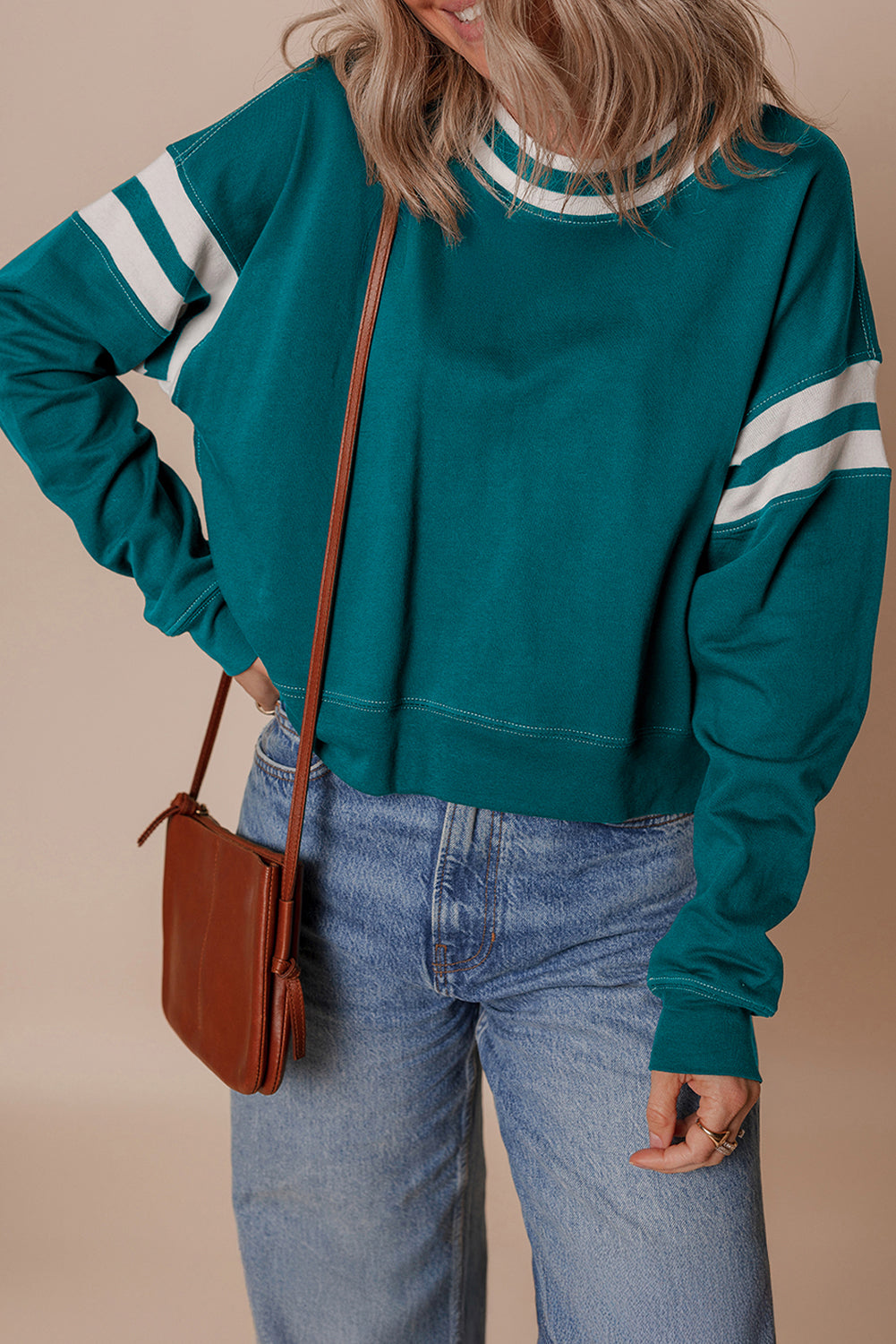 Blackish Green Contrast Striped Patchwork Round Neck Drop Shoulder Sweatshirt-Tops/Sweatshirts & Hoodies-[Adult]-[Female]-Blackish Green-S-2022 Online Blue Zone Planet