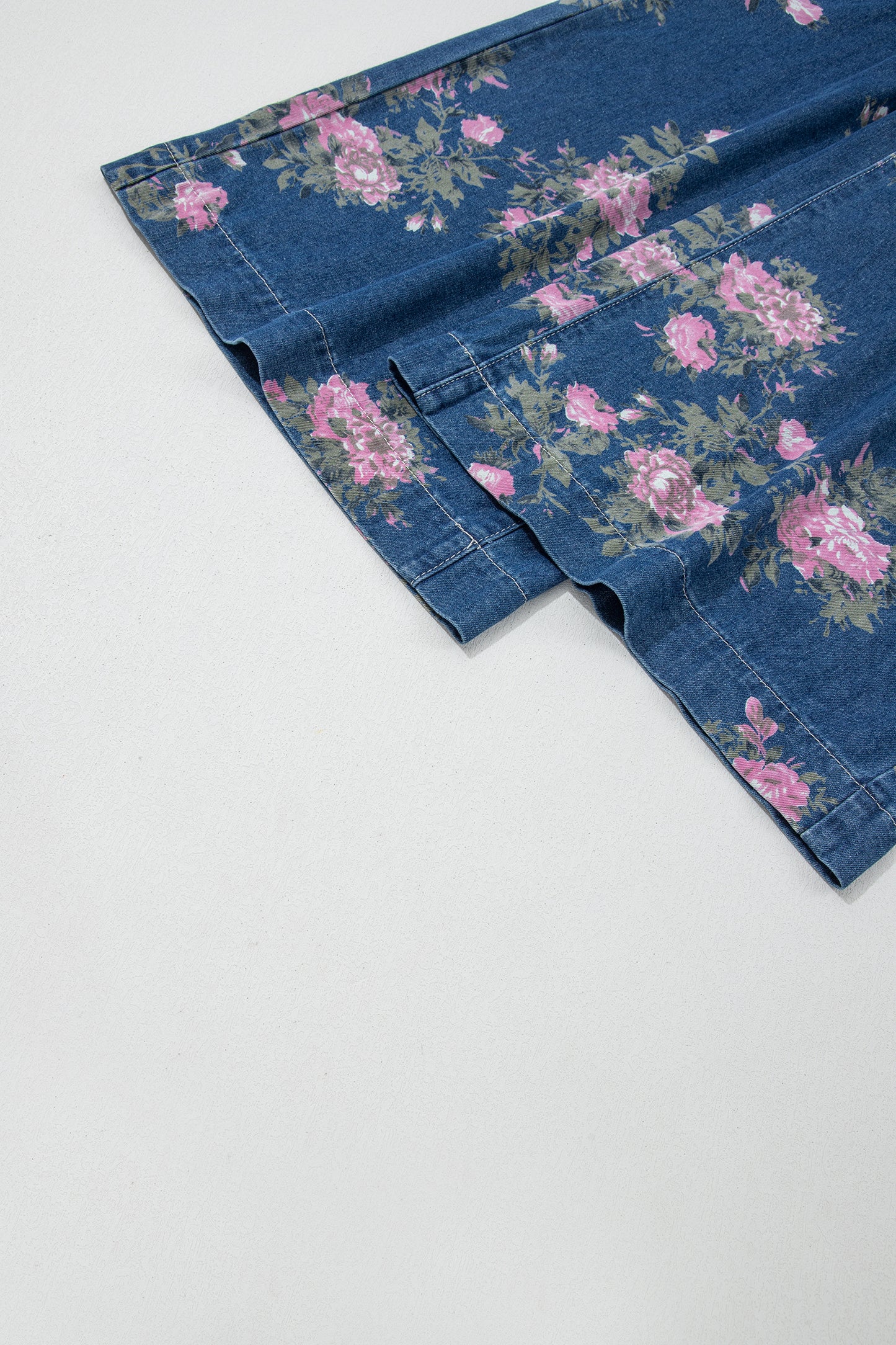 Blue Retro Floral Print Tie Elastic Waist Button Pintuck Wide Leg Jeans-Bottoms/Jeans-[Adult]-[Female]-2022 Online Blue Zone Planet