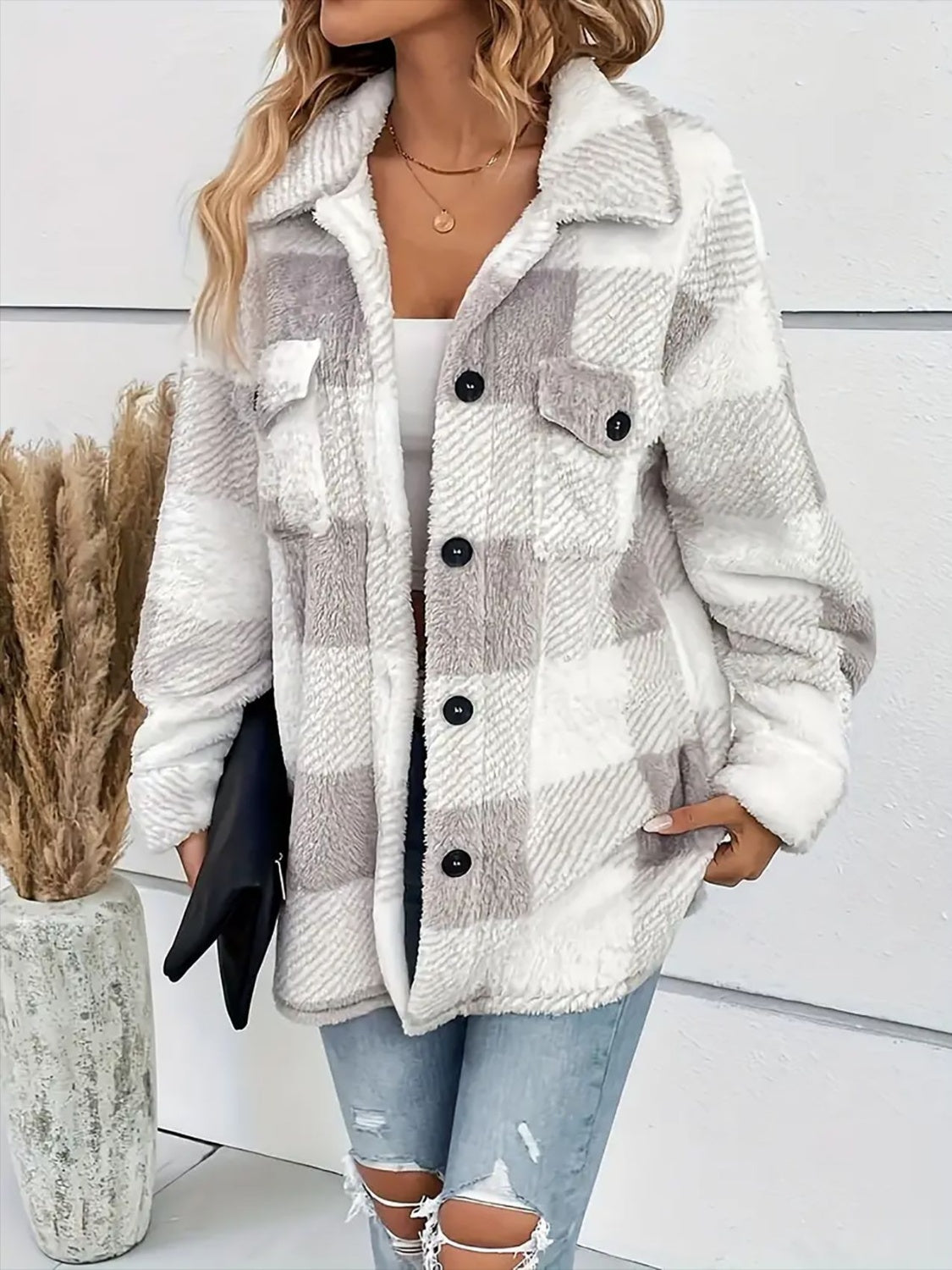 Blue Zone Planet | Plaid Dropped Shoulder Long Sleeve Plush Coat-TOPS / DRESSES-[Adult]-[Female]-2022 Online Blue Zone Planet