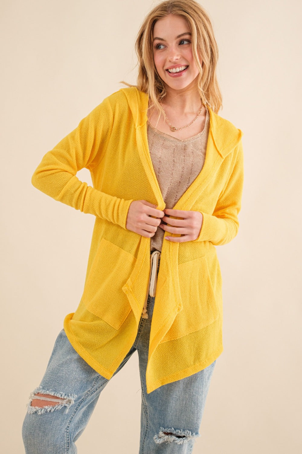 And The Why Full Size Thermal Hooded Open Front Cardigan with Pockets-TOPS / DRESSES-[Adult]-[Female]-Vivid Yellow-S-2022 Online Blue Zone Planet