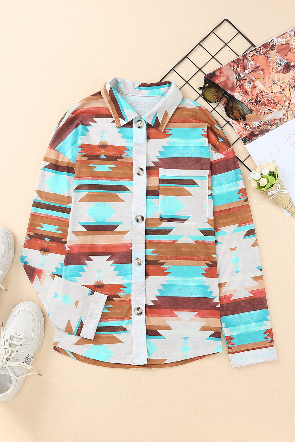 Multicolor Aztec Print Buttoned Pocket Chest Long Sleeve Shirt-Tops/Blouses & Shirts-[Adult]-[Female]-2022 Online Blue Zone Planet