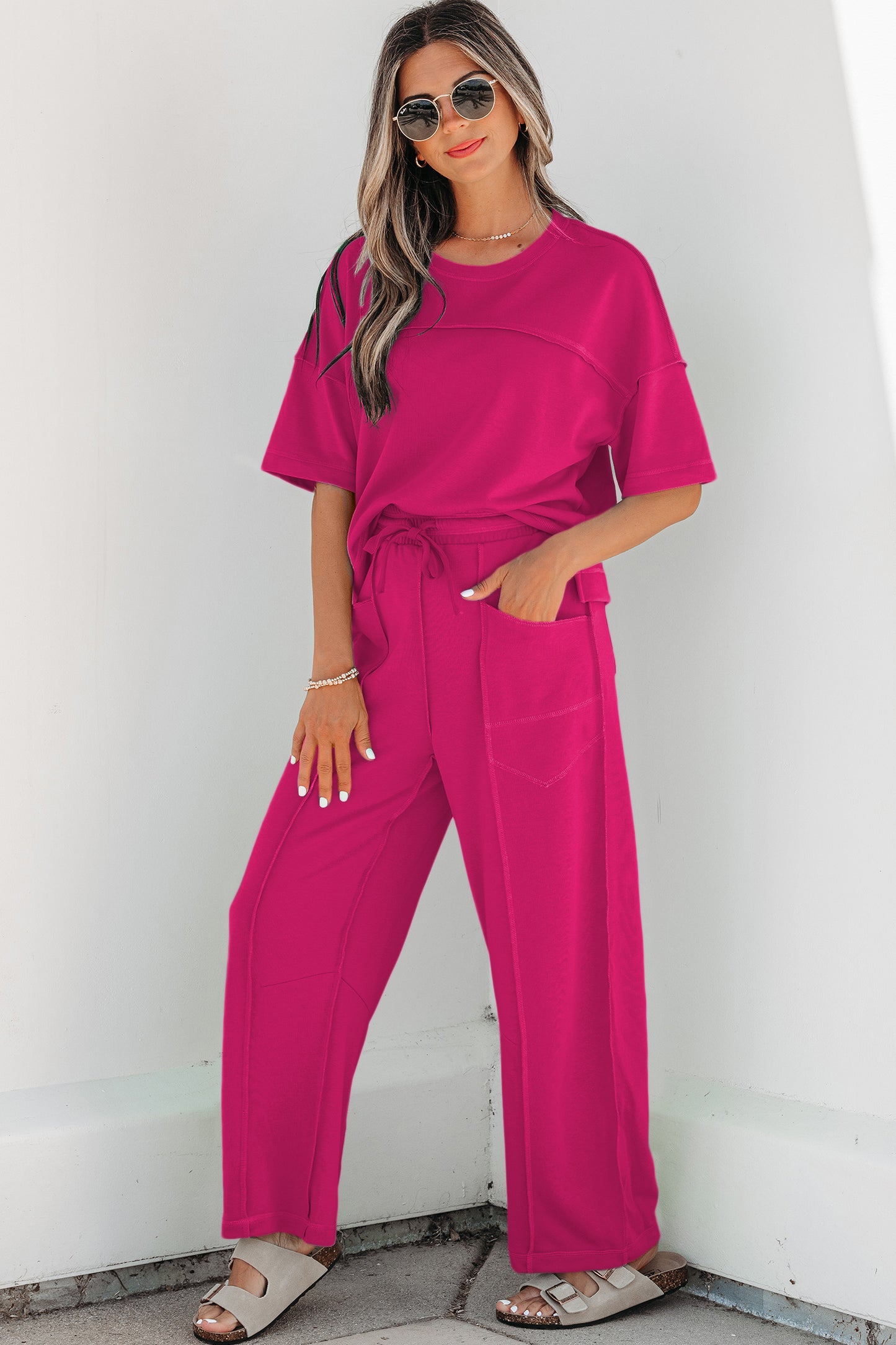 Sky Blue Drop Shoulder Boxy Tee and Barrel Pants Set-Two Piece Sets/Pant Sets-[Adult]-[Female]-2022 Online Blue Zone Planet