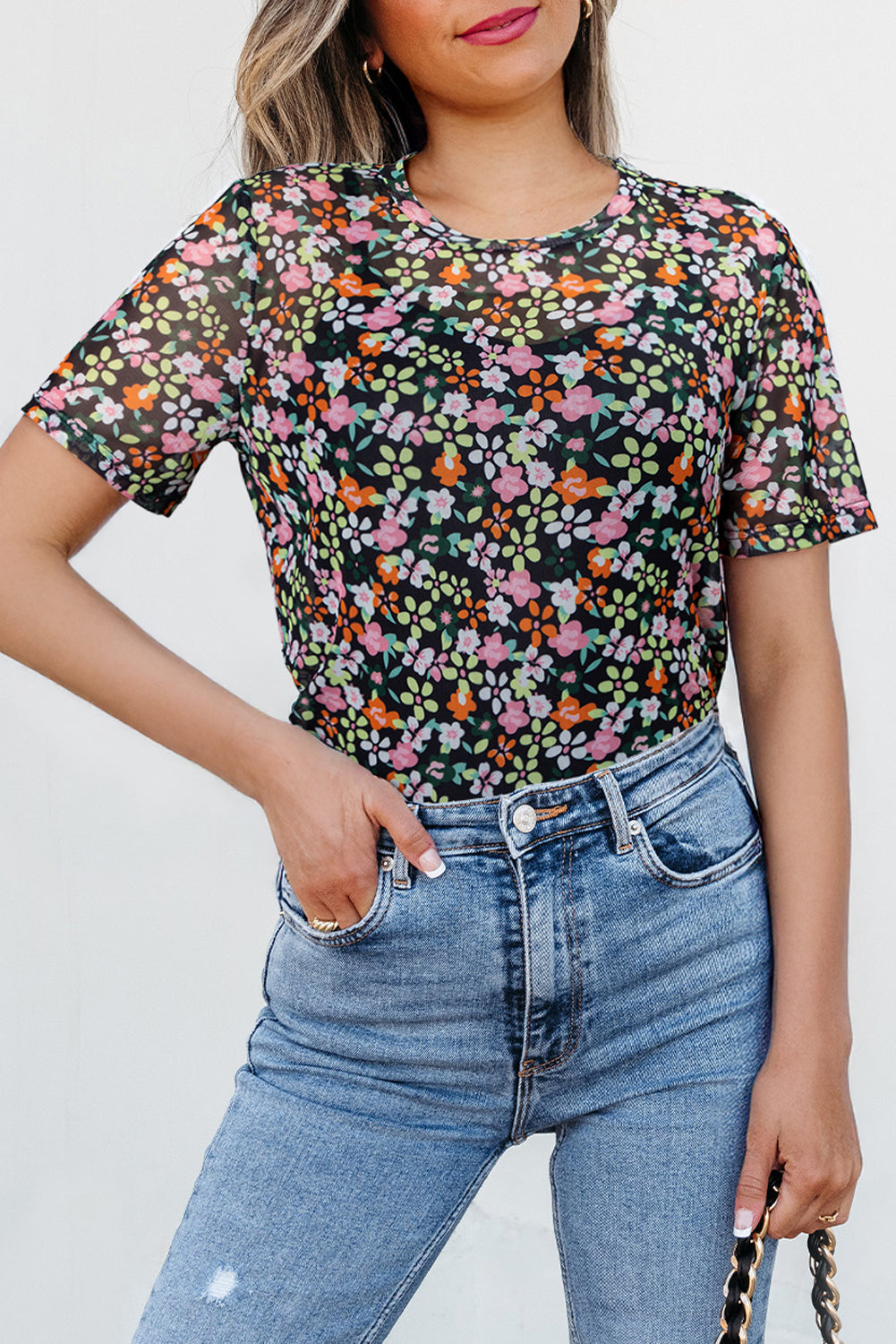 Black Sheer Floral Mesh Round Neck T Shirt-Tops/Tops & Tees-[Adult]-[Female]-Black-S-2022 Online Blue Zone Planet
