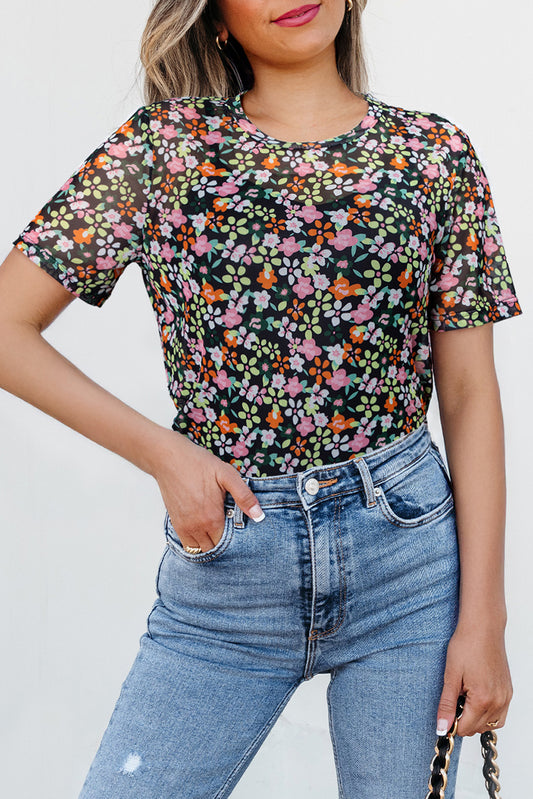 Black Sheer Floral Mesh Round Neck T Shirt-Tops/Tops & Tees-[Adult]-[Female]-Black-S-2022 Online Blue Zone Planet
