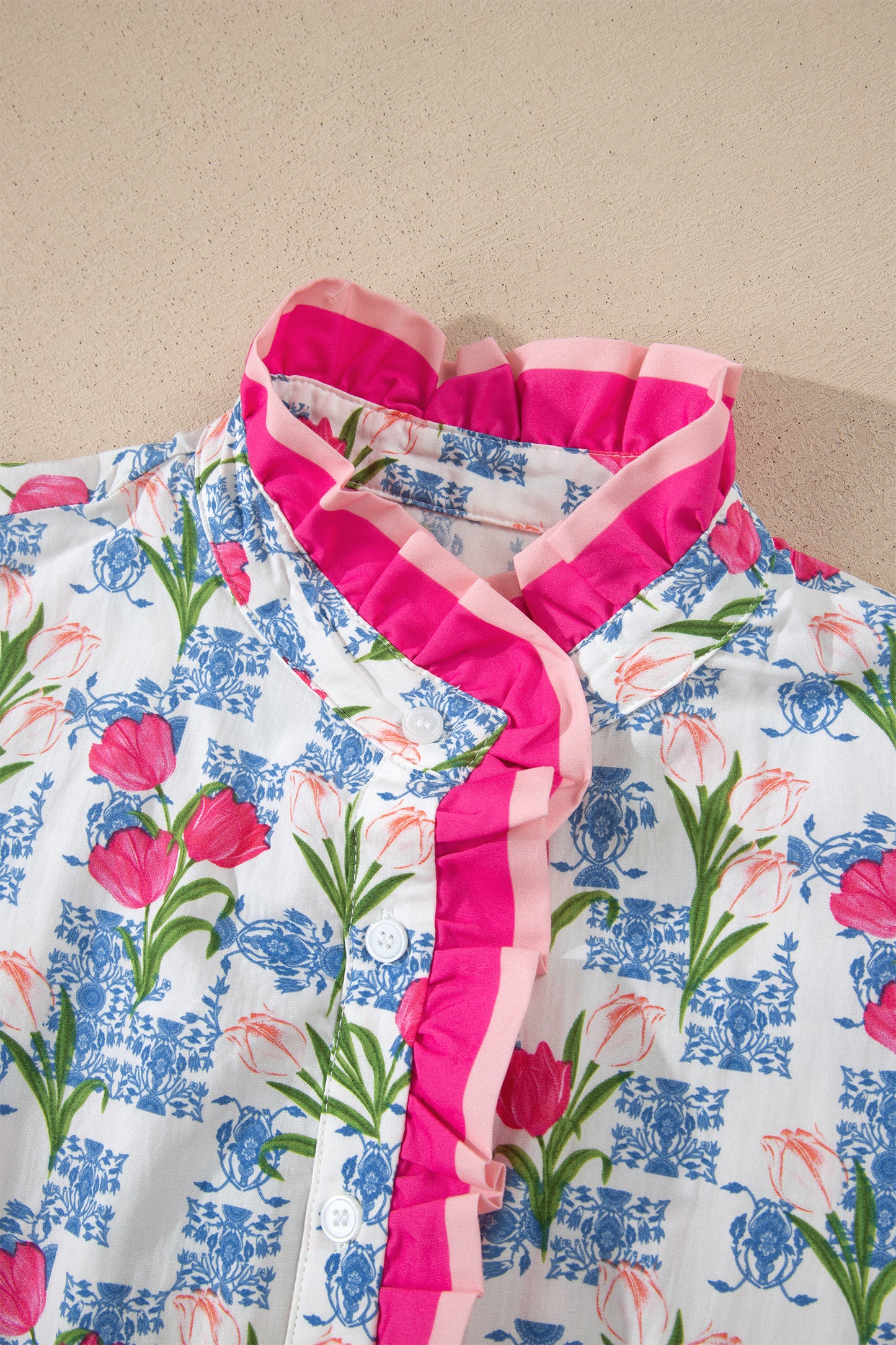 Rose Floral Print Color Block Striped Trim Flutter Sleeve Half Button Blouse-Tops/Blouses & Shirts-[Adult]-[Female]-2022 Online Blue Zone Planet