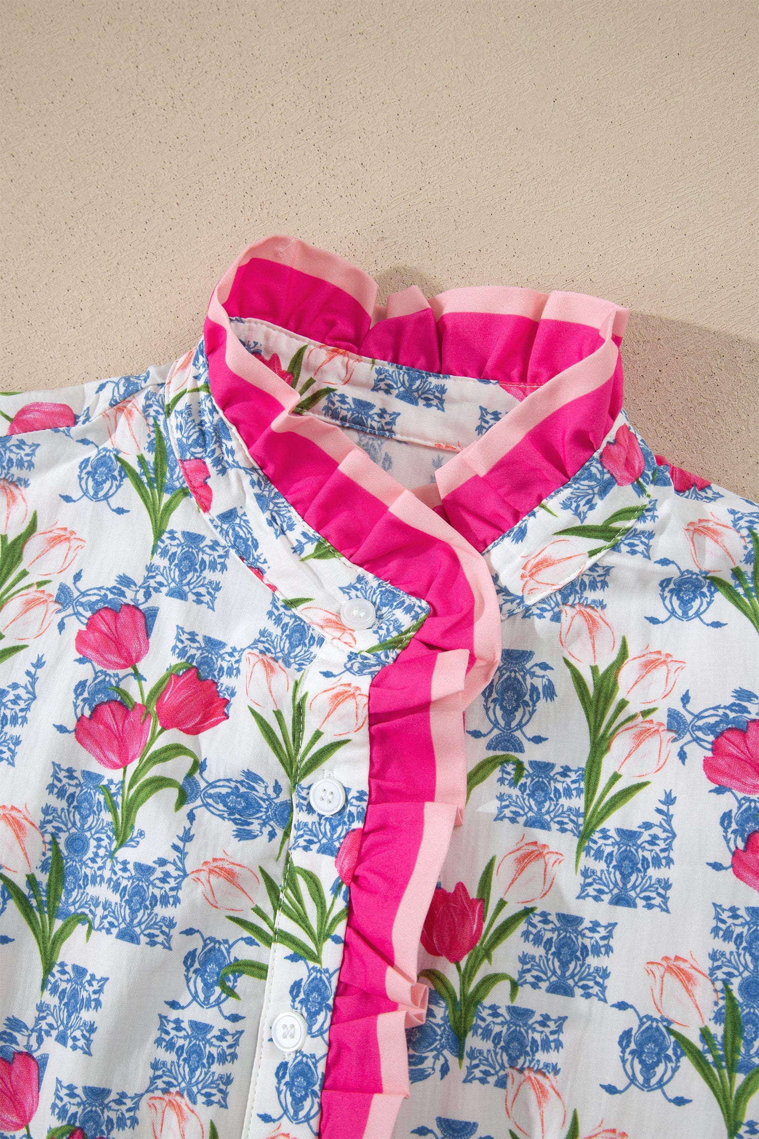 Rose Floral Print Color Block Striped Trim Flutter Sleeve Half Button Blouse-Tops/Blouses & Shirts-[Adult]-[Female]-2022 Online Blue Zone Planet