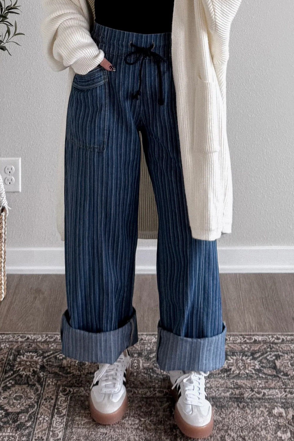 Blue Stripe Contrasted Drawstring Pocketed Loose Jeans-Bottoms/Jeans-[Adult]-[Female]-2022 Online Blue Zone Planet