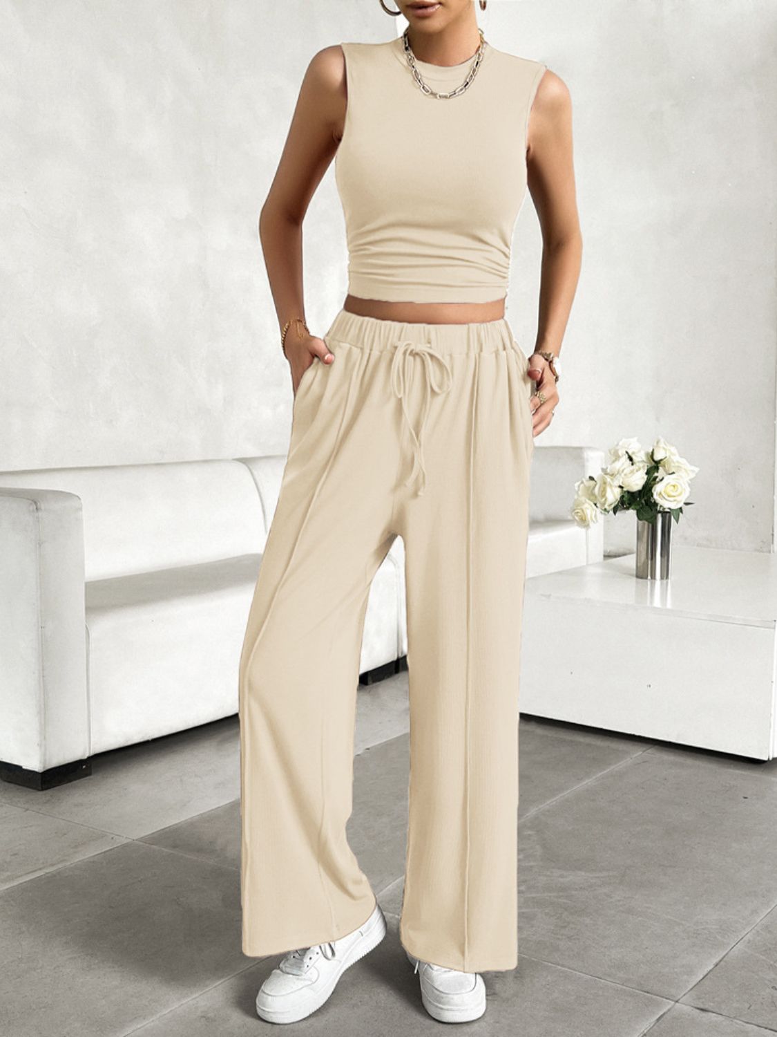 Devine Mock Neck Sleeveless Top and Drawstring Pants Set-TOPS / DRESSES-[Adult]-[Female]-Tan-S-2022 Online Blue Zone Planet