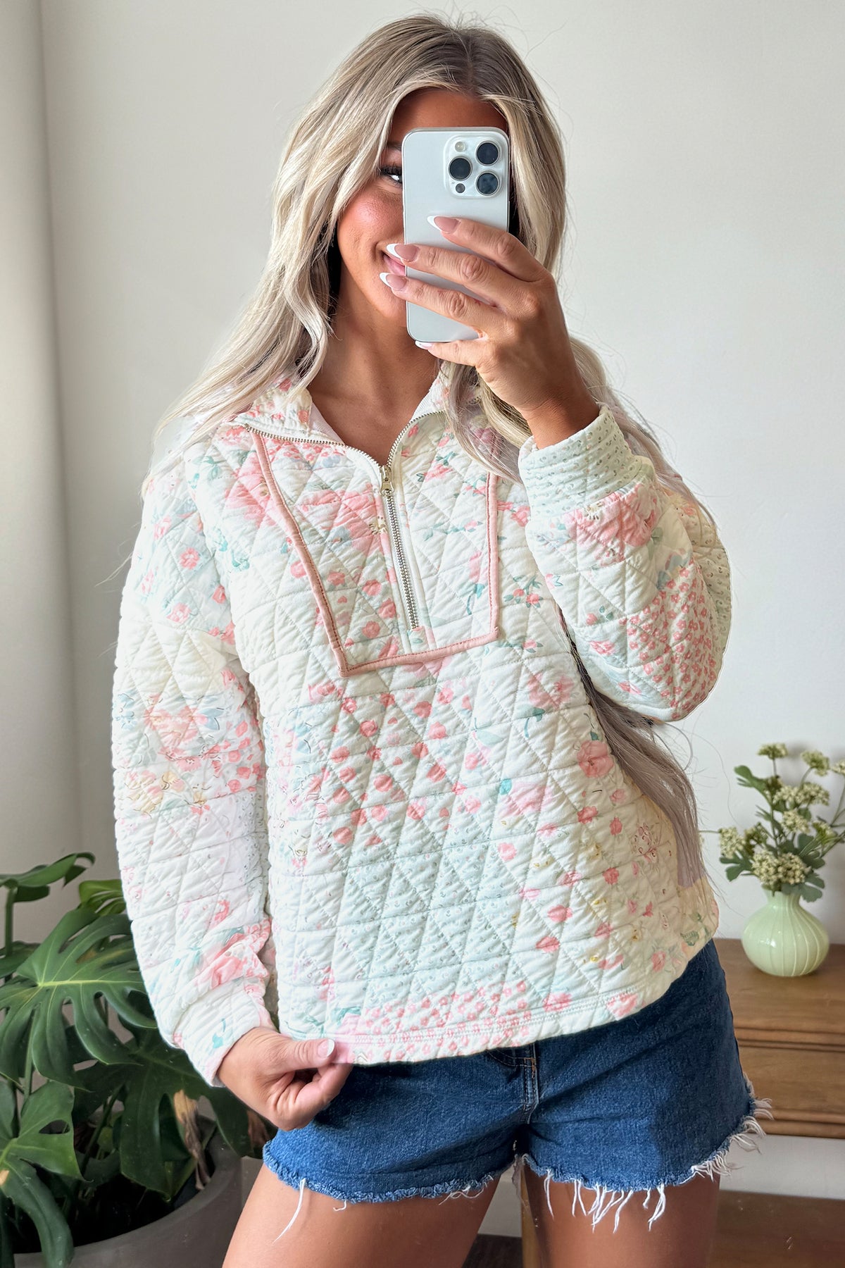 Multicolour Floral Quilted Metal Zipper Collar Long Sleeve Sweatshirt-Tops / Dresses-[Adult]-[Female]-2022 Online Blue Zone Planet