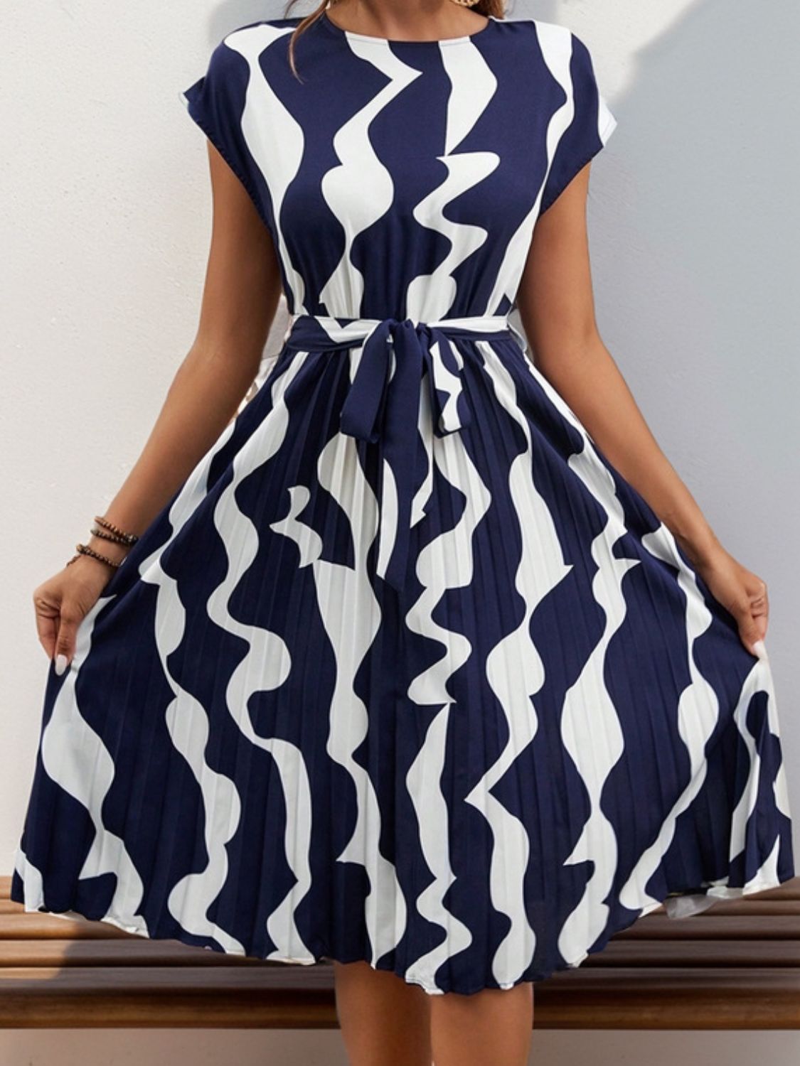 Tied Pleated Printed Cap Sleeve Dress-TOPS / DRESSES-[Adult]-[Female]-Dark Blue-S-2022 Online Blue Zone Planet