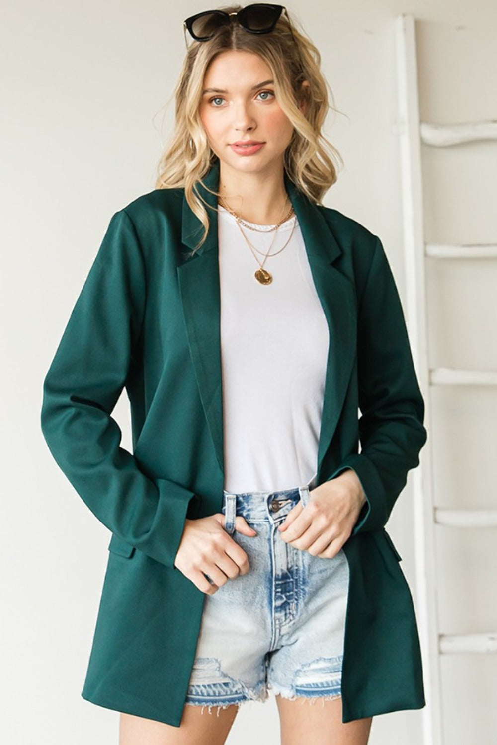 First Love Full Size Open Front Long Sleeve Blazer with Pockets-TOPS / DRESSES-[Adult]-[Female]-Hunter Green-S-2022 Online Blue Zone Planet