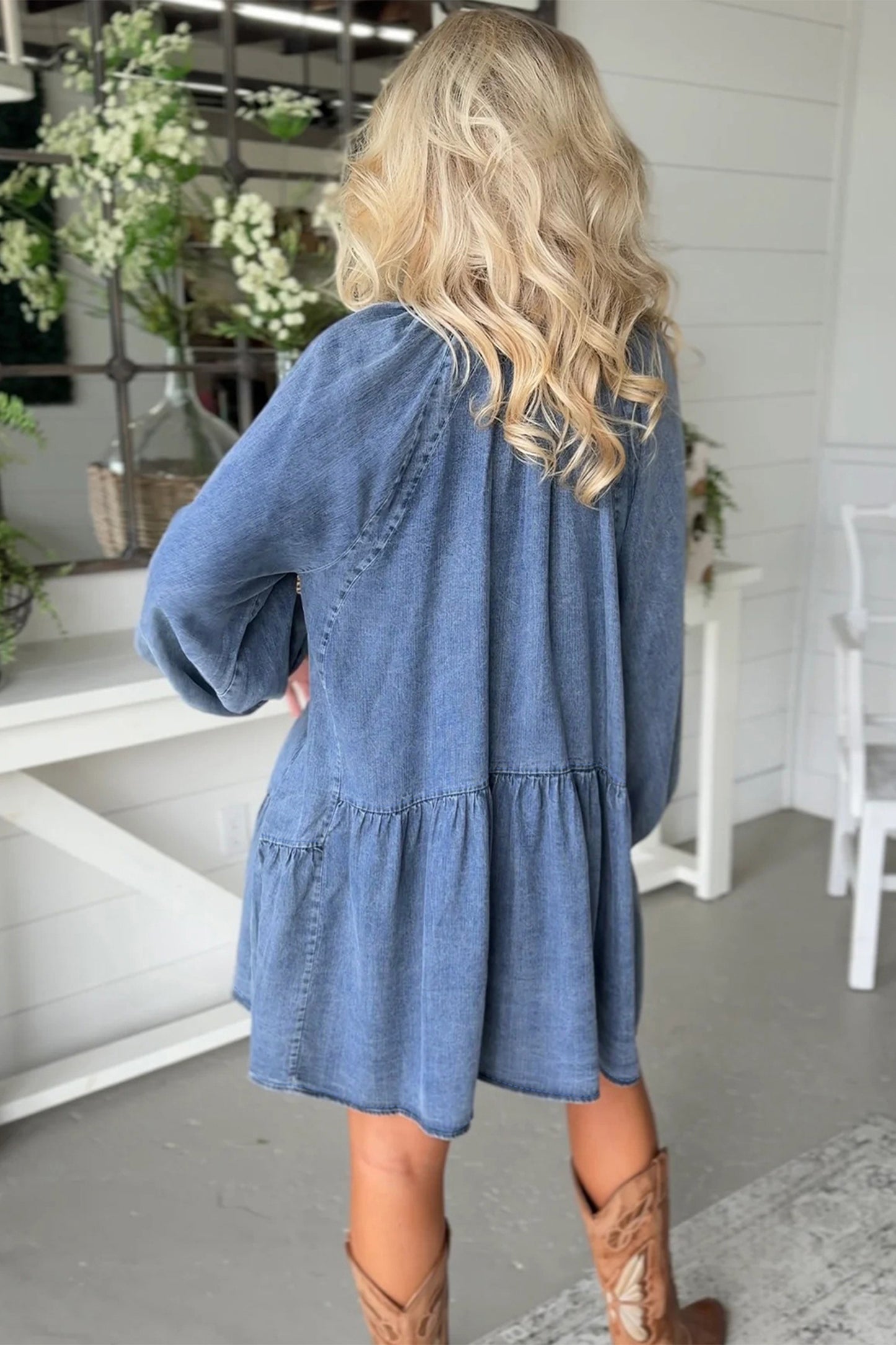 Myosotis Puff Sleeve V Neck Ruffled Loose Denim Mini Dress-TOPS / DRESSES-[Adult]-[Female]-2022 Online Blue Zone Planet