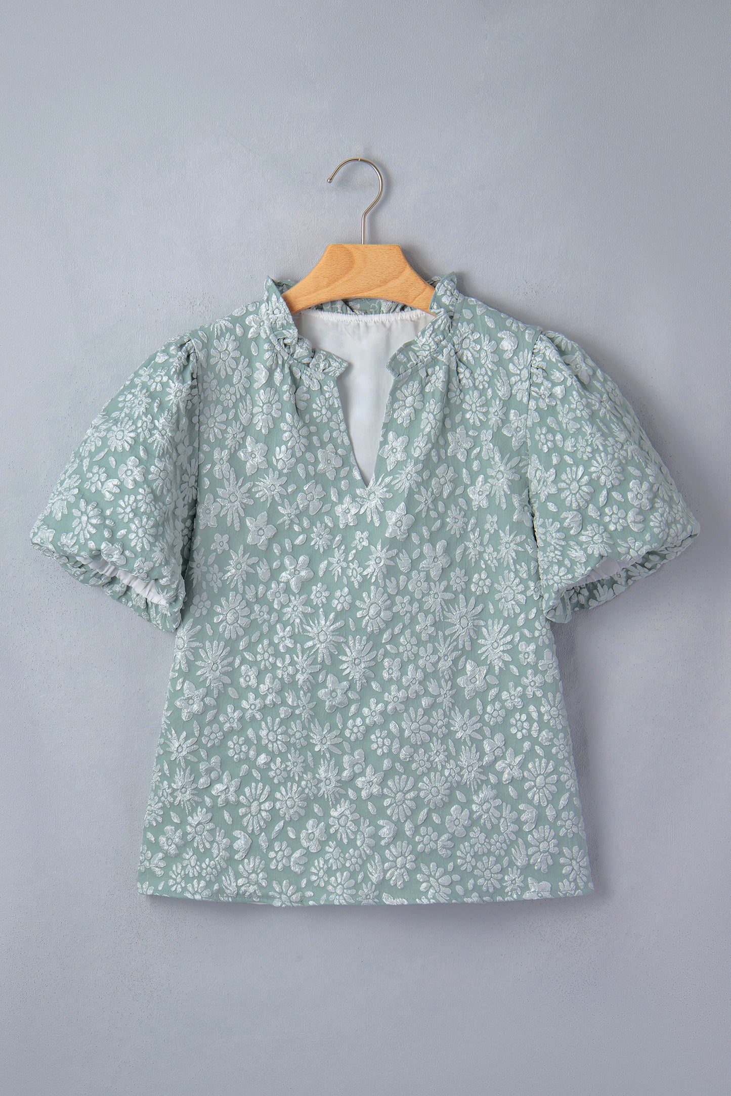 Iceland Blue Floral Textured Jacquard Puff Sleeve Blouse-Tops/Blouses & Shirts-[Adult]-[Female]-2022 Online Blue Zone Planet