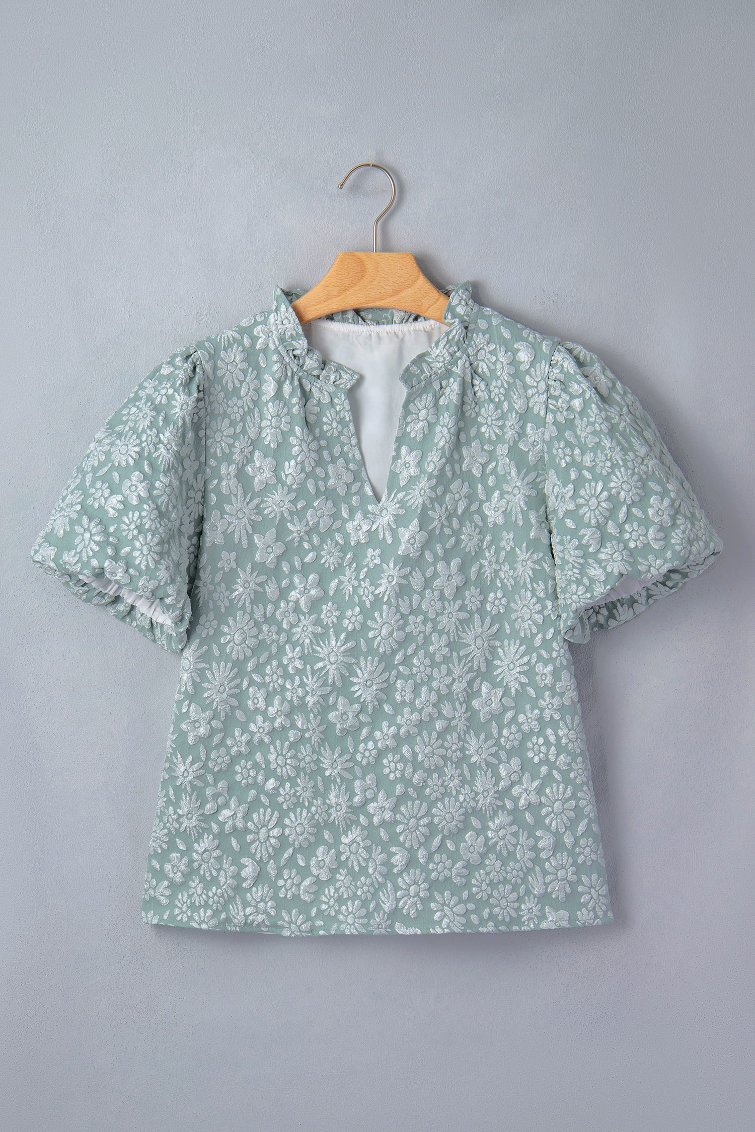 Iceland Blue Floral Textured Jacquard Puff Sleeve Blouse-Tops/Blouses & Shirts-[Adult]-[Female]-2022 Online Blue Zone Planet