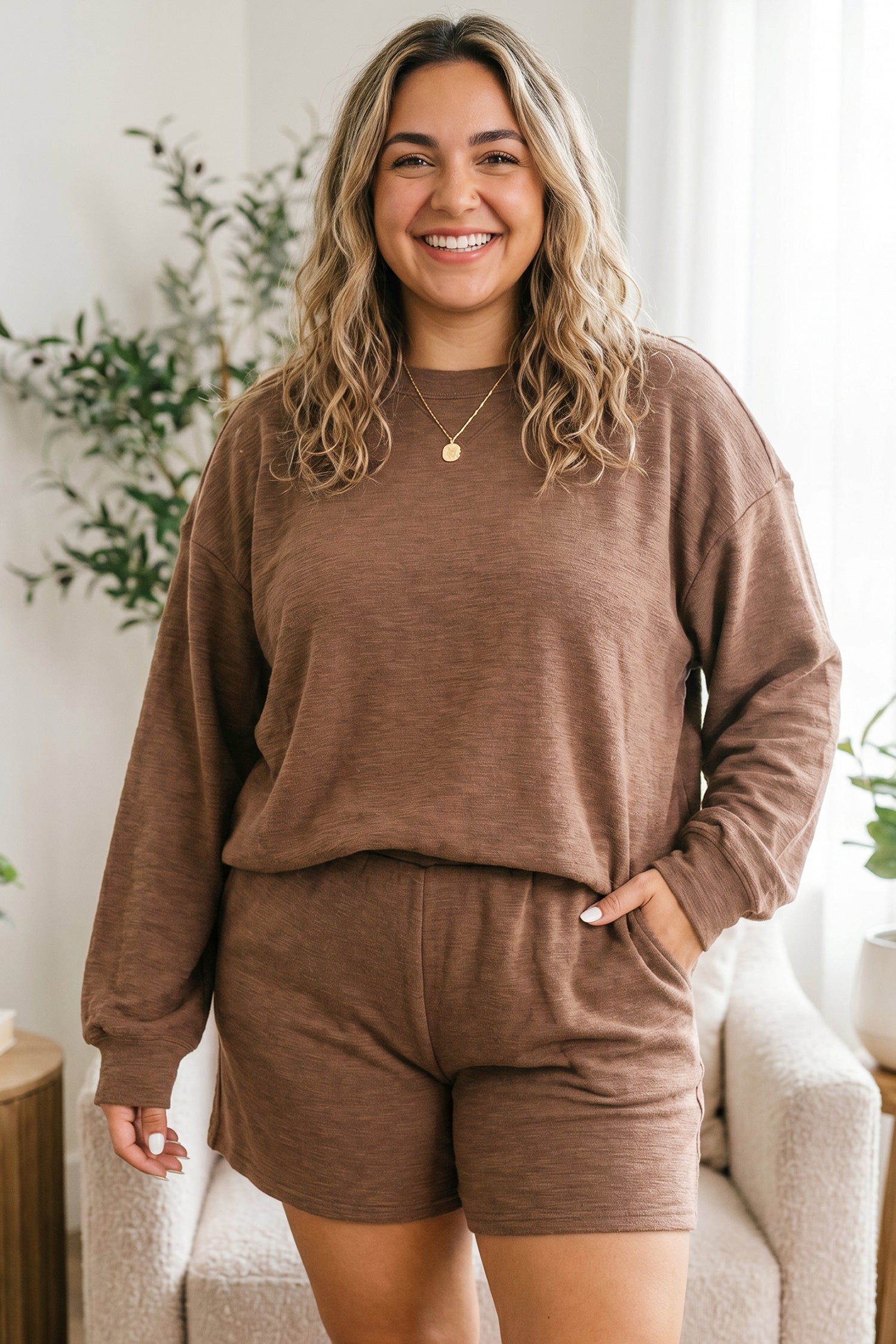 Chestnut Drop Shoulder Long Sleeve Top Elastic Waist Shorts Plus Size Set-Plus Size/Plus Size Loungewear-[Adult]-[Female]-2022 Online Blue Zone Planet