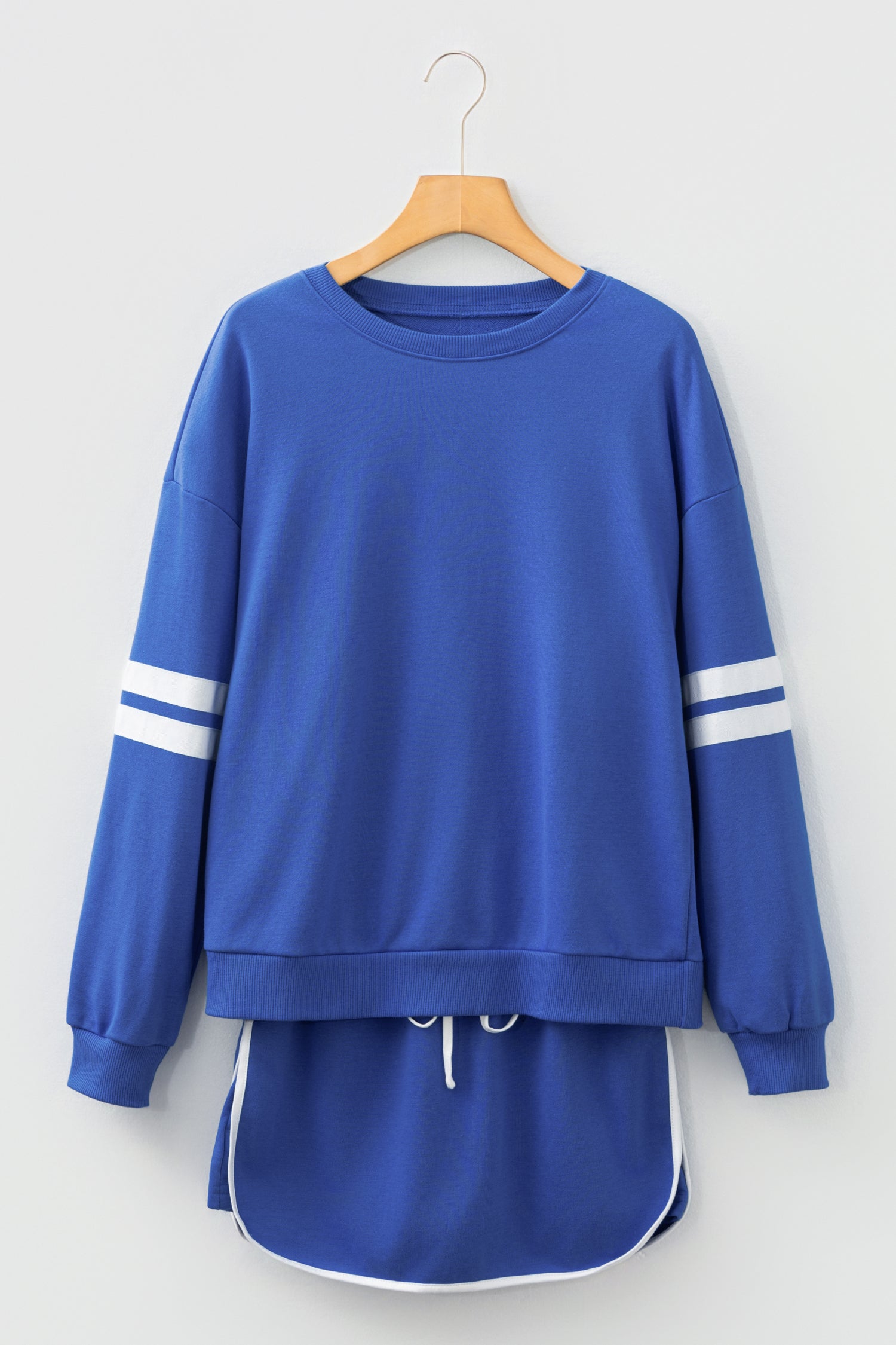 Sky Blue Varsity Stripe Detail Drop Shoulder Pullover Mini Skirt Set-Two Piece Sets/Two Piece Dresses-[Adult]-[Female]-2022 Online Blue Zone Planet