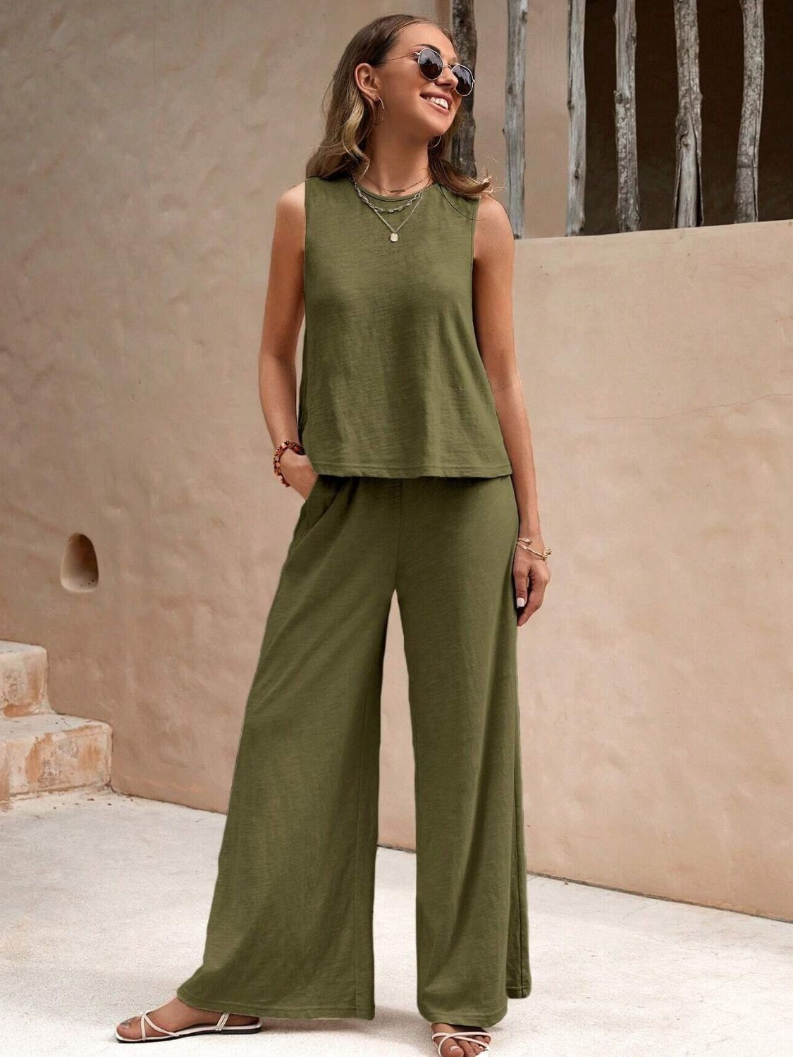 Round Neck Sleeveless Top and Wide Leg Pants Set-TOPS / DRESSES-[Adult]-[Female]-Army Green-S-2022 Online Blue Zone Planet