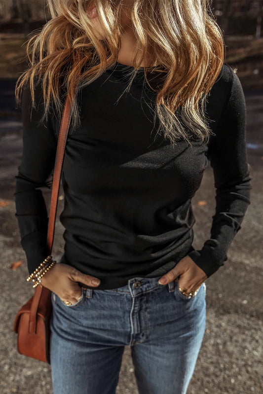 Round Neck Long Sleeve Knit Top-TOPS / DRESSES-[Adult]-[Female]-Black-S-2022 Online Blue Zone Planet