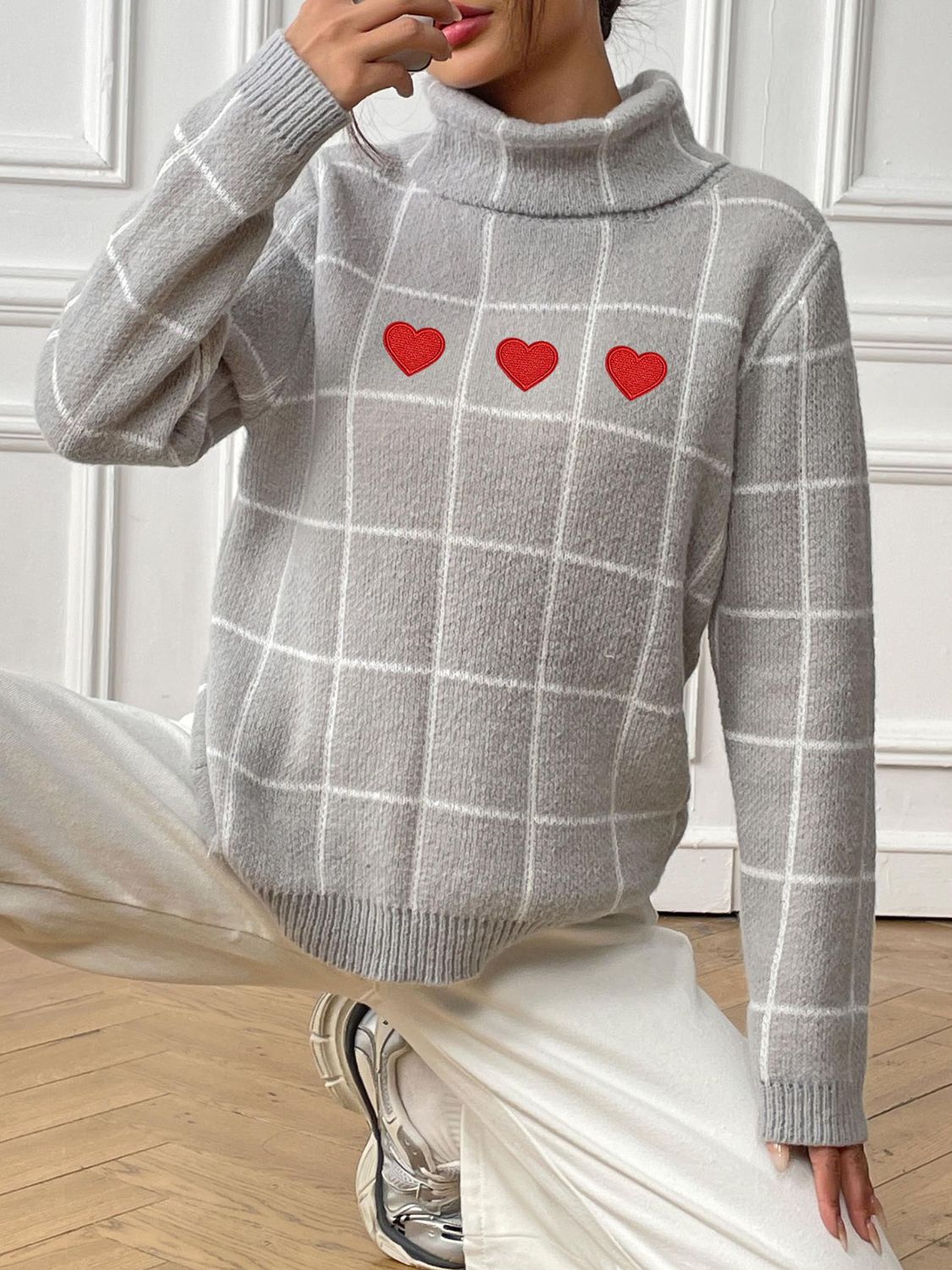 Heart Plaid Turtleneck Long Sleeve Sweater-TOPS / DRESSES-[Adult]-[Female]-Light Gray-S-2022 Online Blue Zone Planet