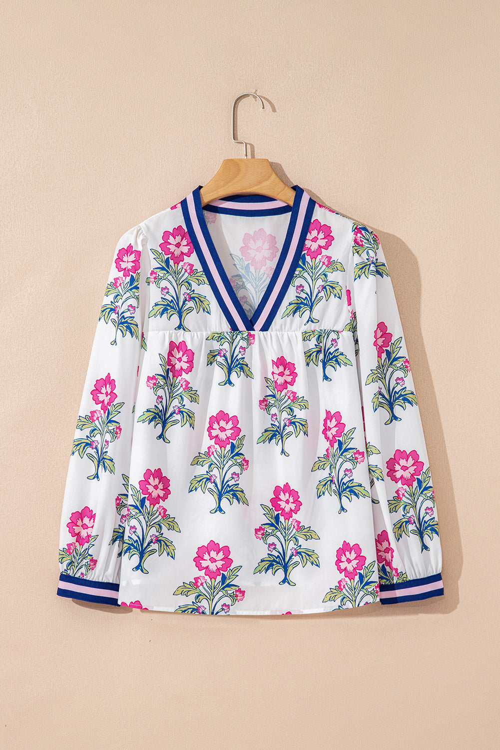 White Floral Print Striped V Neck Blouse-Tops/Blouses & Shirts-[Adult]-[Female]-2022 Online Blue Zone Planet