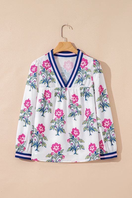 White Floral Print Striped V Neck Blouse-Tops/Blouses & Shirts-[Adult]-[Female]-2022 Online Blue Zone Planet