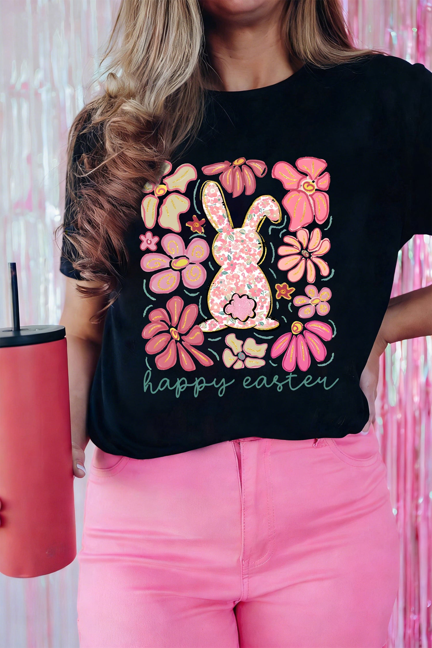 Black Happy Easter Bunny Flower Printed Casual Tee-Graphic Tees-[Adult]-[Female]-Black-2XL-2022 Online Blue Zone Planet