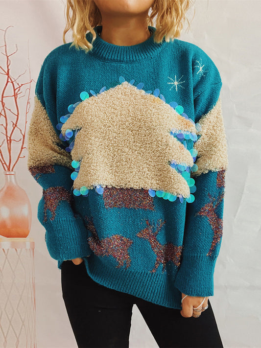 Sequin Christmas Tree & Reindeer Round Neck Sweater-TOPS / DRESSES-[Adult]-[Female]-Sky Blue-S-2022 Online Blue Zone Planet