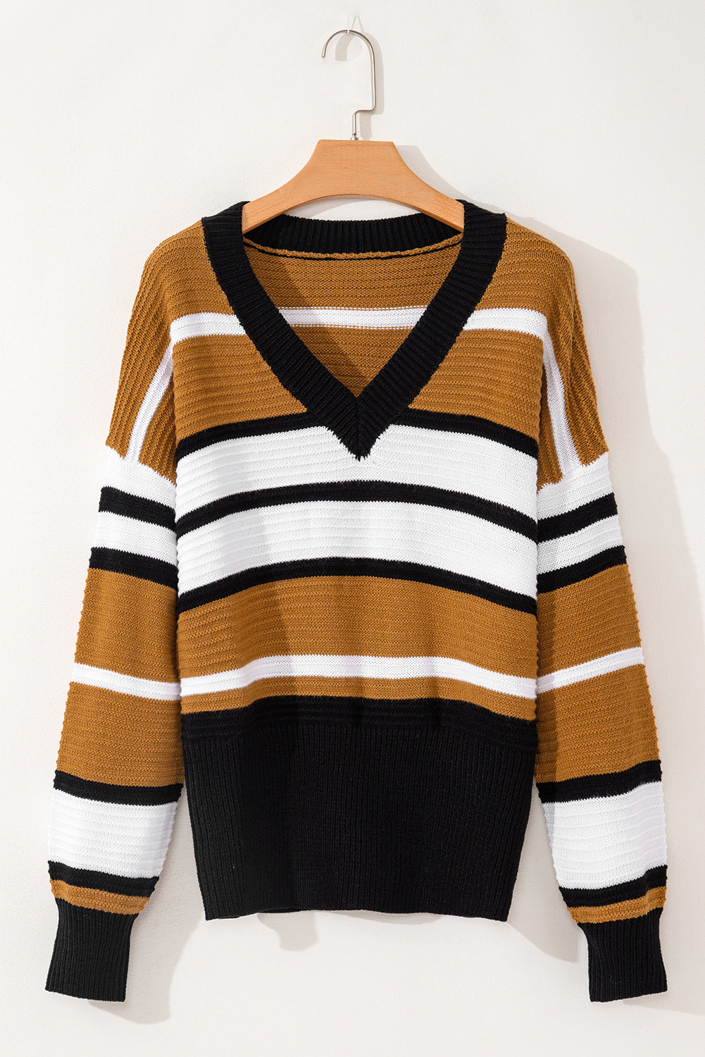 Contrast Stripes V Neck Long Sleeve Sweater-TOPS / DRESSES-[Adult]-[Female]-2022 Online Blue Zone Planet