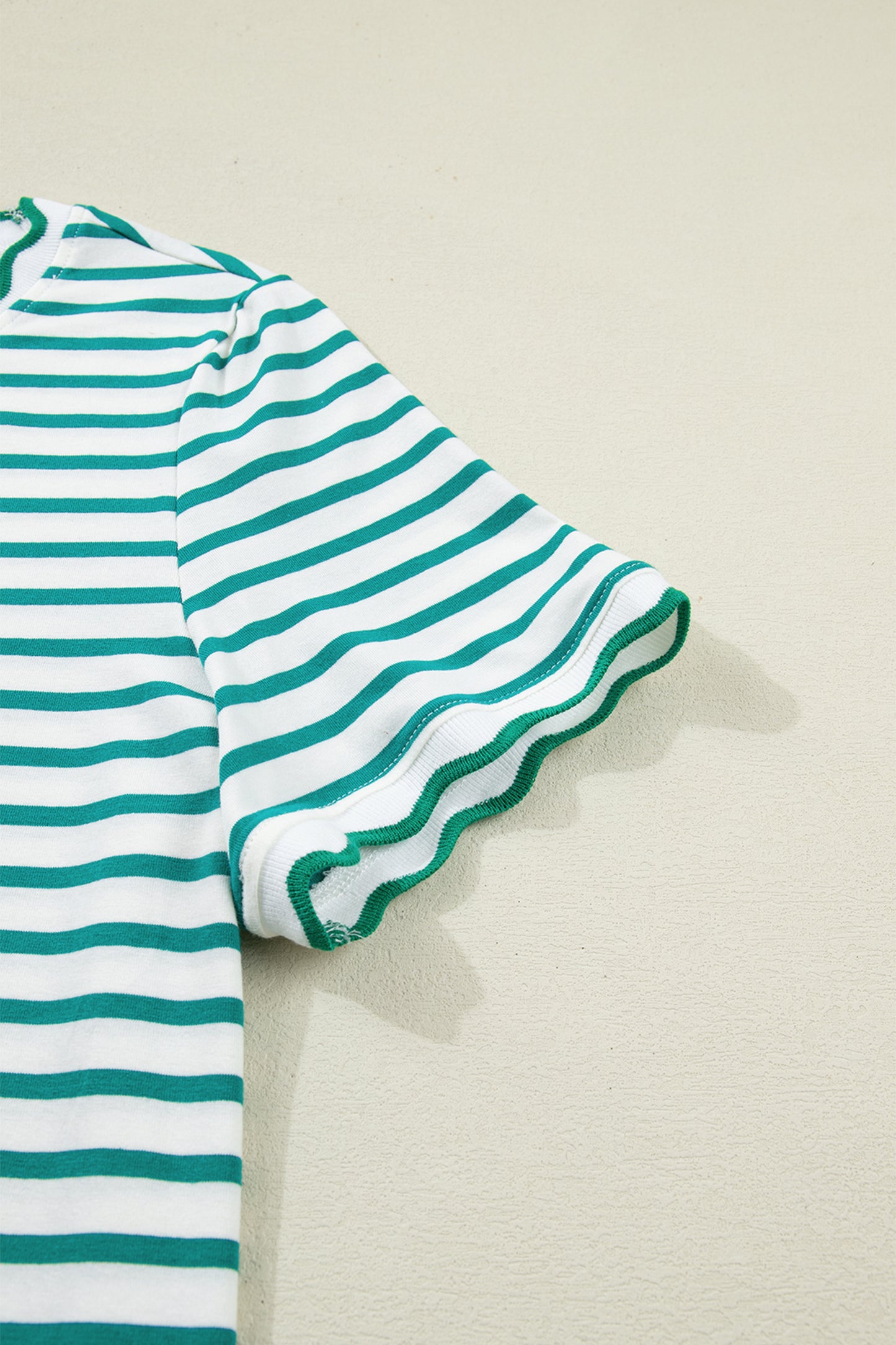 Pink Stripe Scalloped Trim Round Neck T Shirt-Tops/Tops & Tees-[Adult]-[Female]-2022 Online Blue Zone Planet