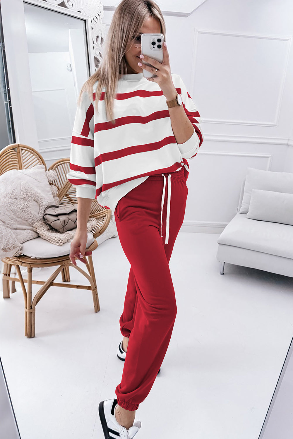 Brown Stripe Striped Drop Shoulder Pullover and Jogger Pants Set-Two Piece Sets/Pant Sets-[Adult]-[Female]-2022 Online Blue Zone Planet