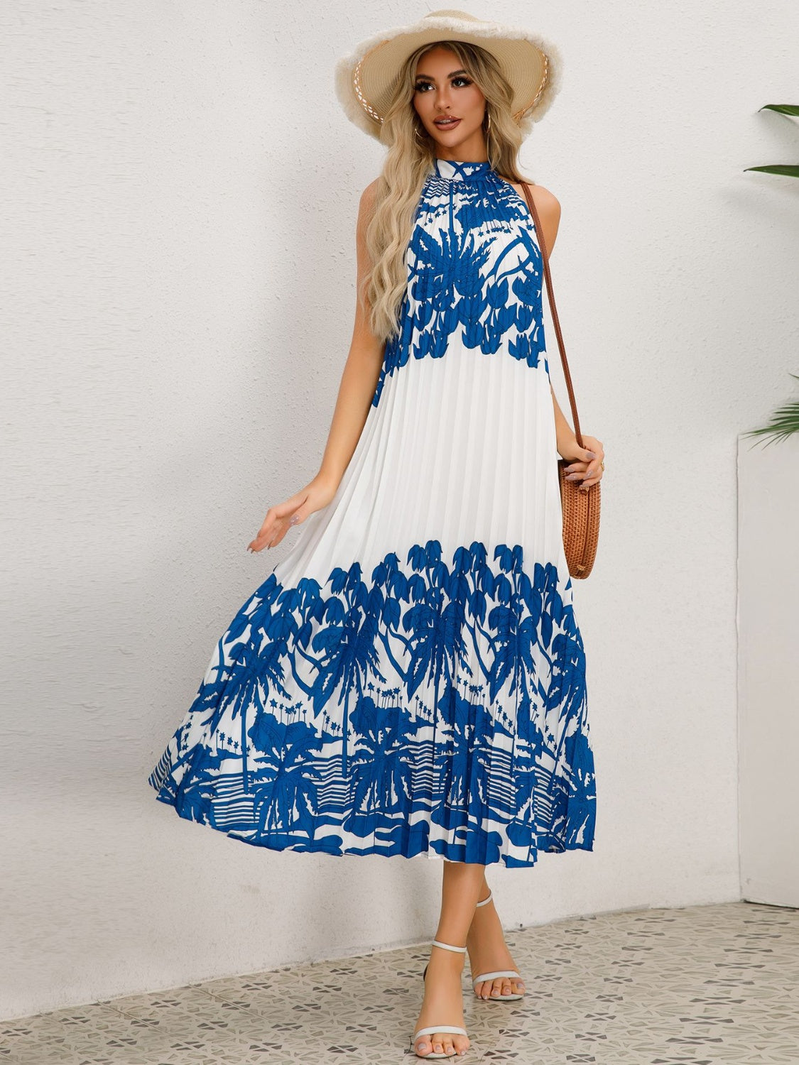 Tied Printed Sleeveless Midi Dress-TOPS / DRESSES-[Adult]-[Female]-Royal Blue-S-2022 Online Blue Zone Planet