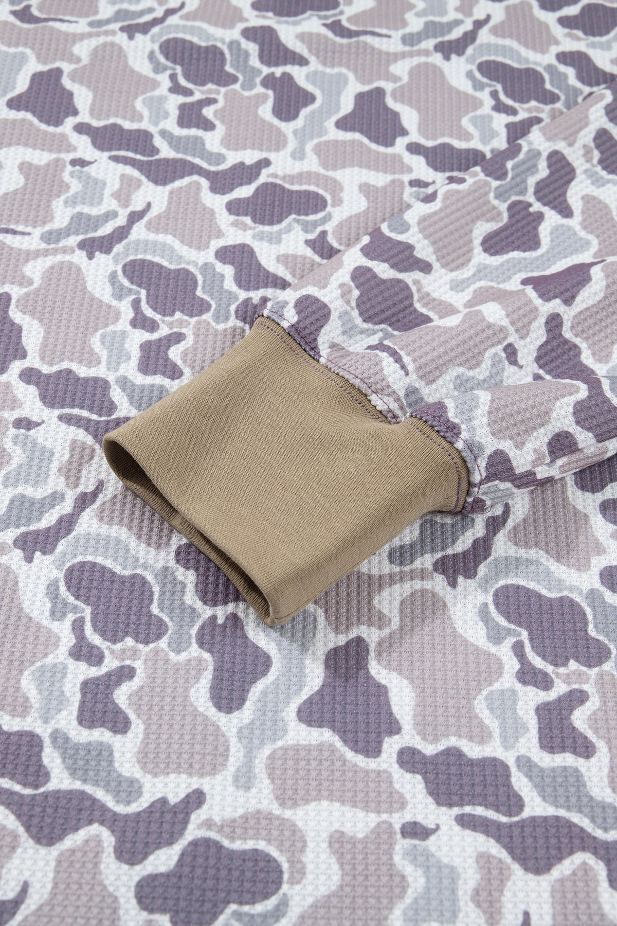 Khaki Camouflage Print Textured Knit Color Block Trim Long Sleeve Top