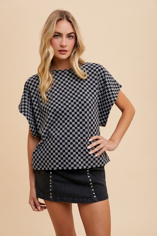 Annie Wear Checkered Round Neck Short Sleeve T-Shirt-TOPS / DRESSES-[Adult]-[Female]-Black-S-2022 Online Blue Zone Planet