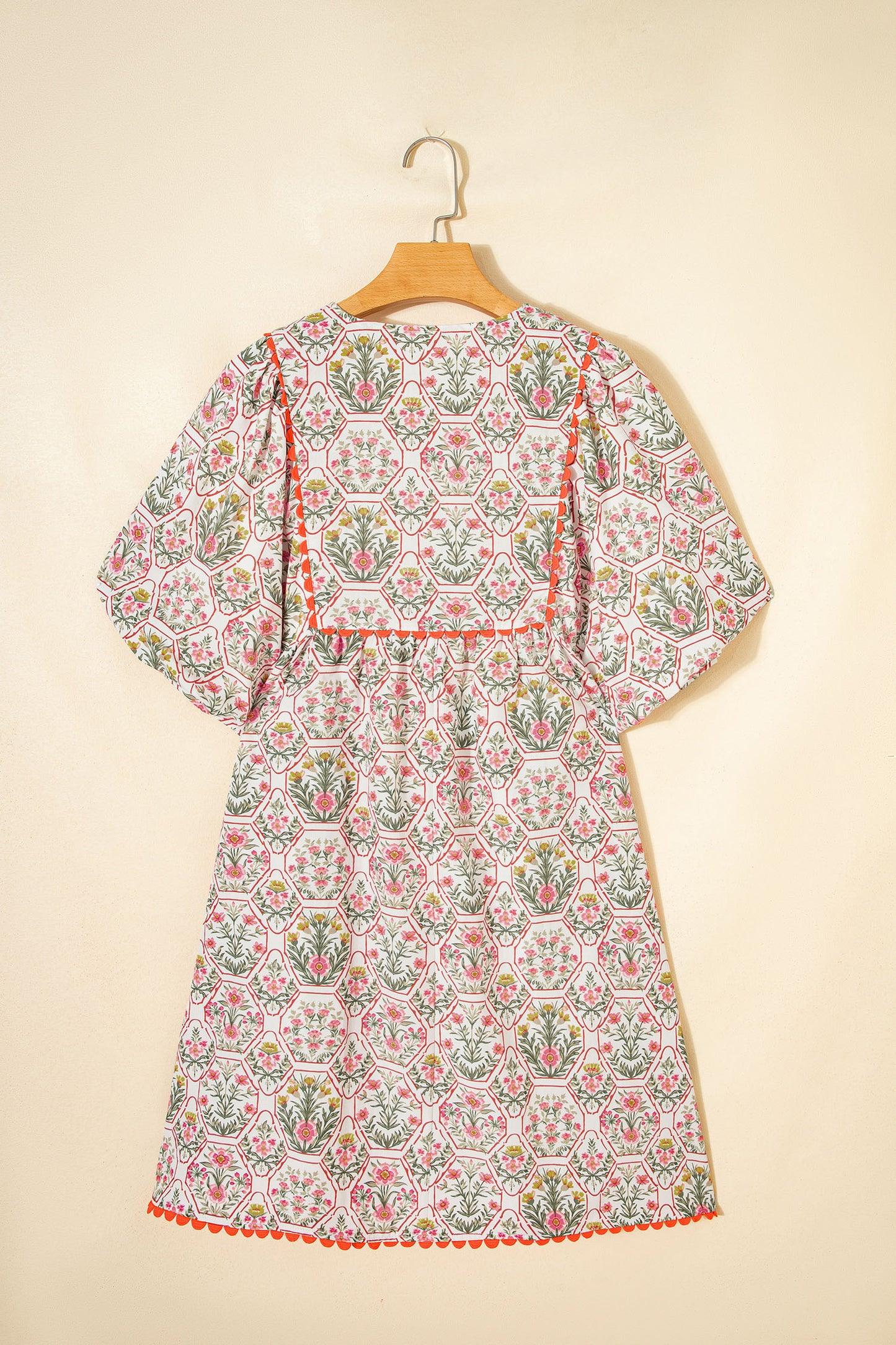 Pink Floral Print Tassel Tie V Neck Scalloped Detail Loose Mini Dress-TOPS / DRESSES-[Adult]-[Female]-2022 Online Blue Zone Planet