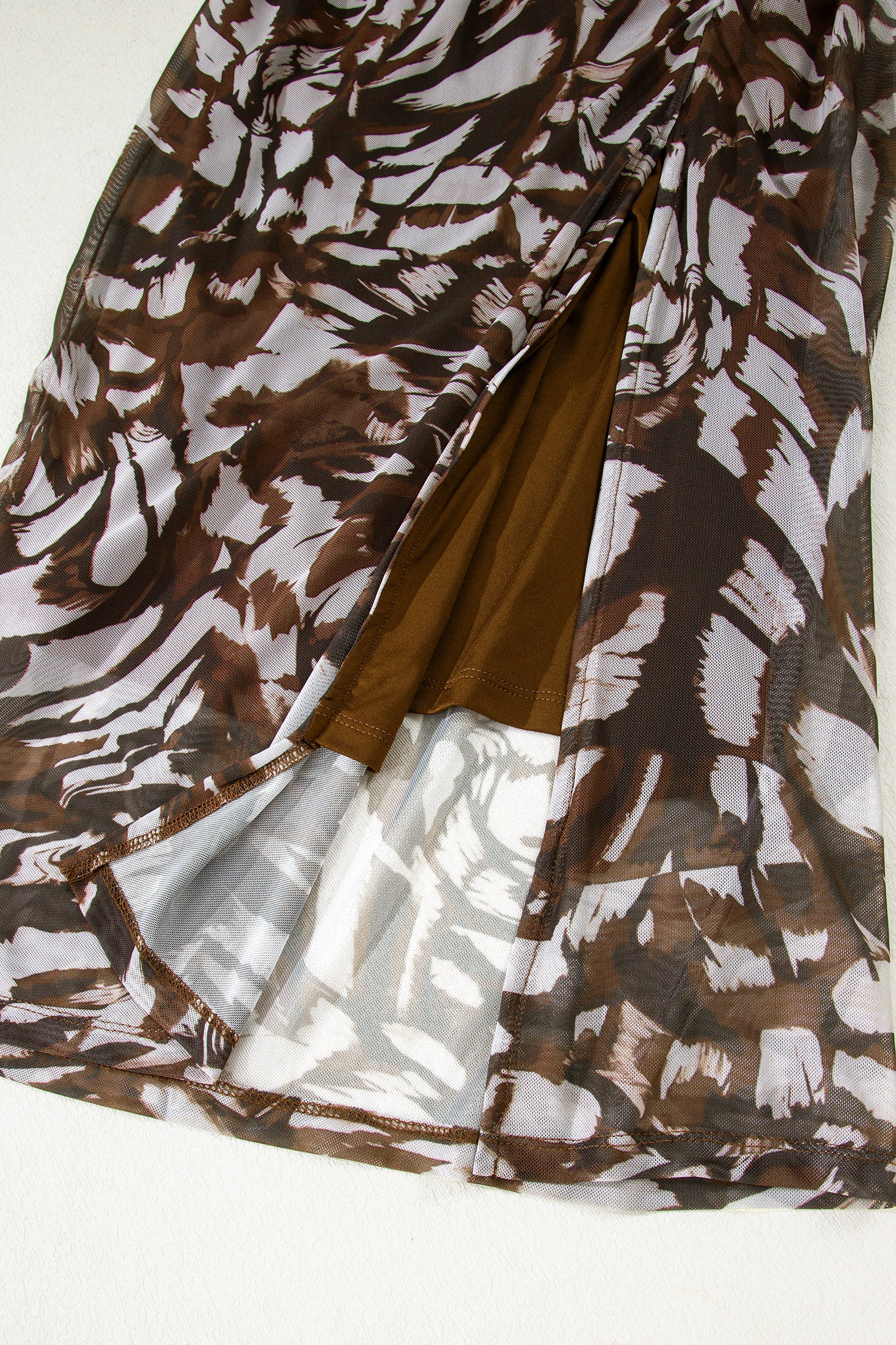 Brown Abstract Print Mesh Cowl Neck Cap Sleeve Ruched Midi Dress with Slit-TOPS / DRESSES-[Adult]-[Female]-2022 Online Blue Zone Planet