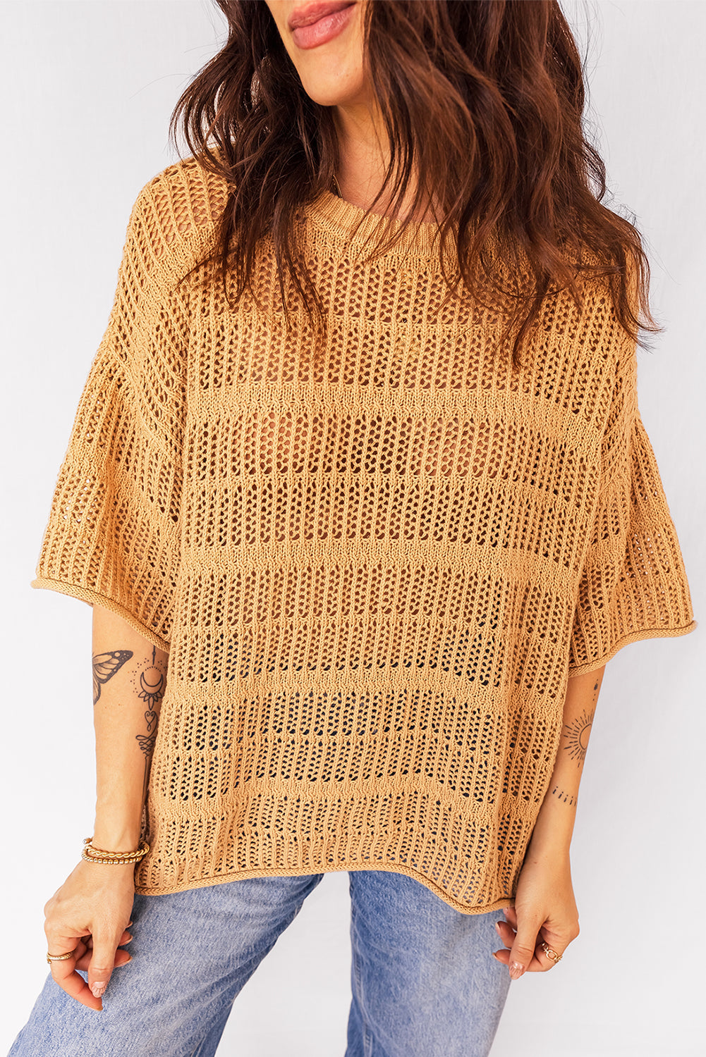Mustard Hollow out Openwork Knit 3/4 Sleeve Sweater-TOPS / DRESSES-[Adult]-[Female]-2022 Online Blue Zone Planet