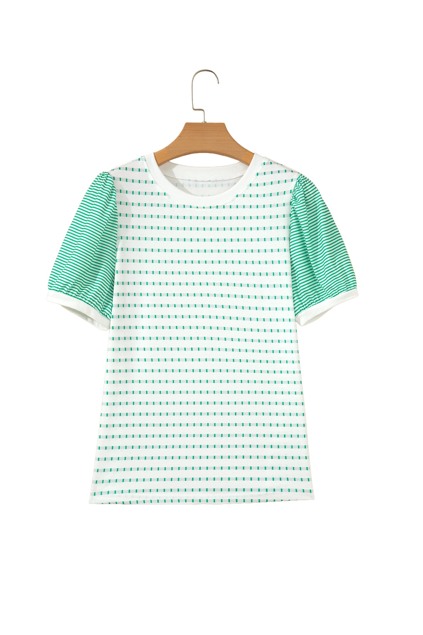 Green Striped Short Puff Sleeve Top-Tops/Tops & Tees-[Adult]-[Female]-2022 Online Blue Zone Planet