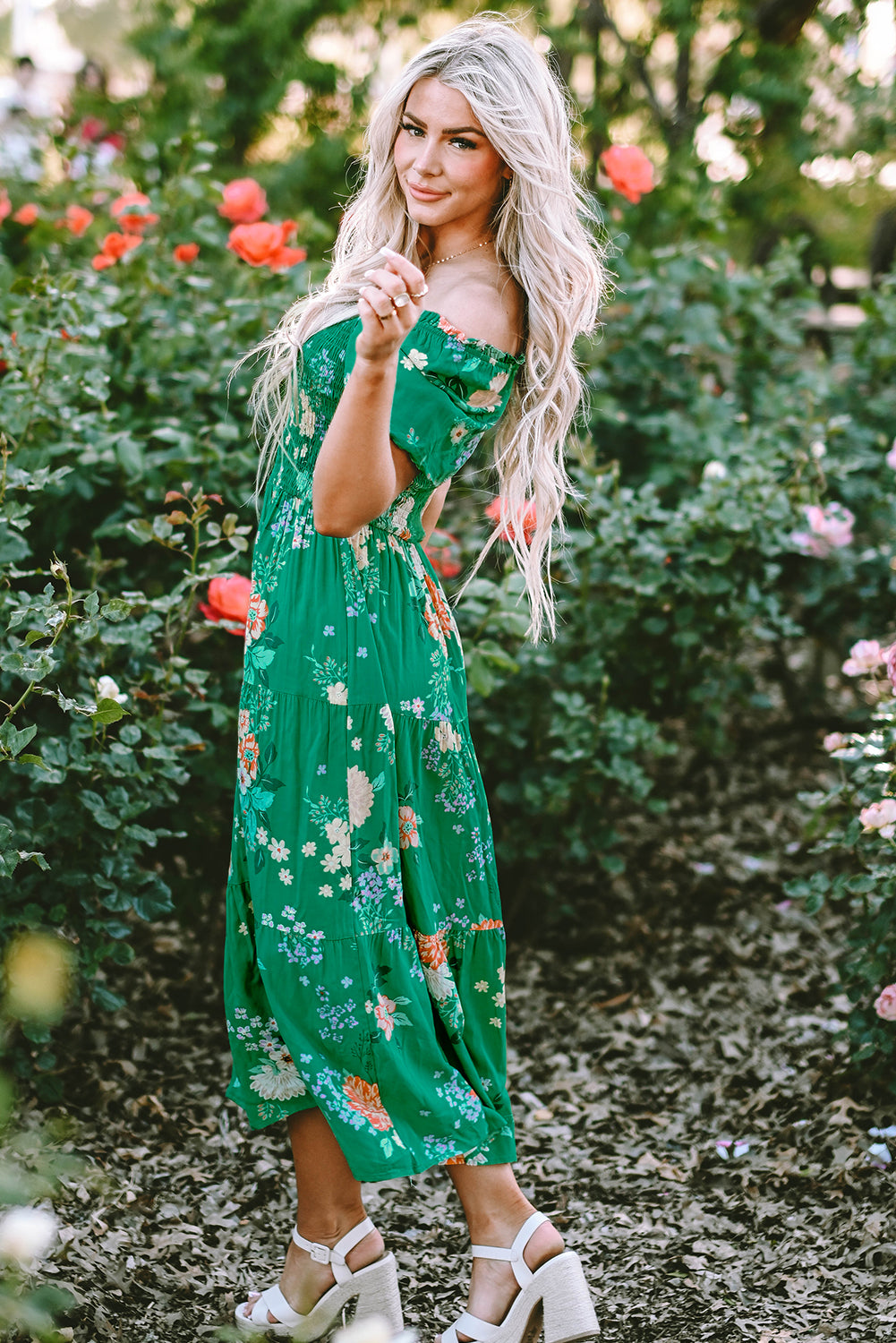 Blue Zone Planet |  Green Floral Print Bubble Sleeve Smocked Tiered Midi Dress Blue Zone Planet