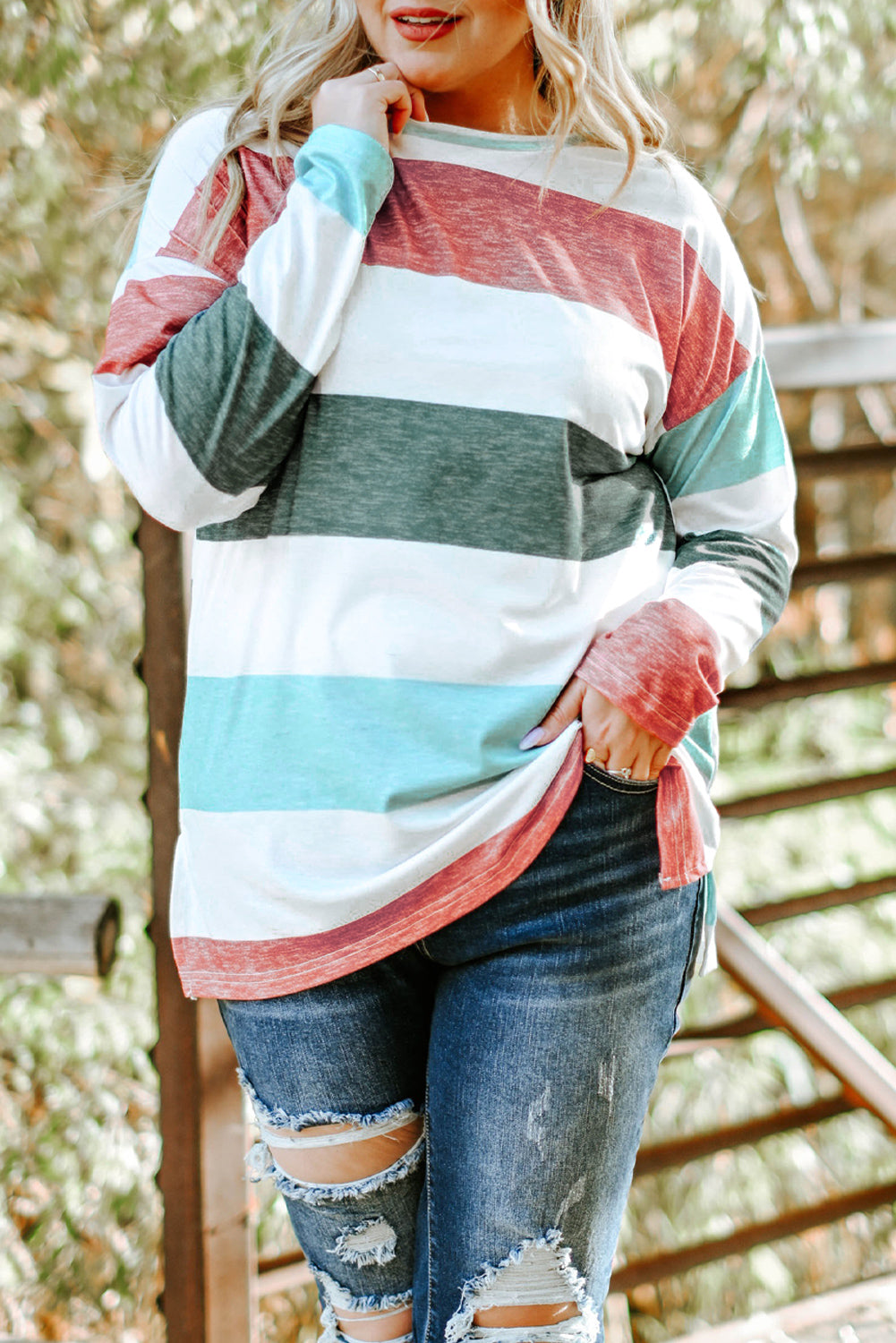 Green Plus Size Colorblock Pullover Top-Plus Size/Plus Size Tops/Plus Size Long Sleeve Tops-[Adult]-[Female]-2022 Online Blue Zone Planet