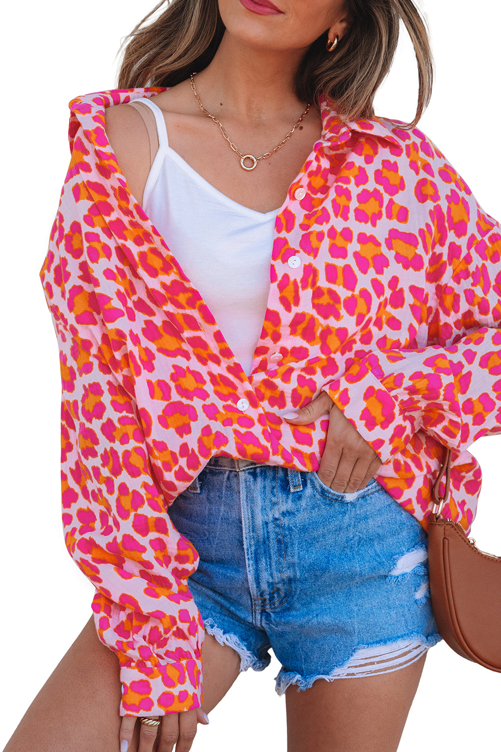 Blue Zone Planet | Rose Leopard Printed Button Up Loose Shirt-Tops/Blouses & Shirts-[Adult]-[Female]-2022 Online Blue Zone Planet