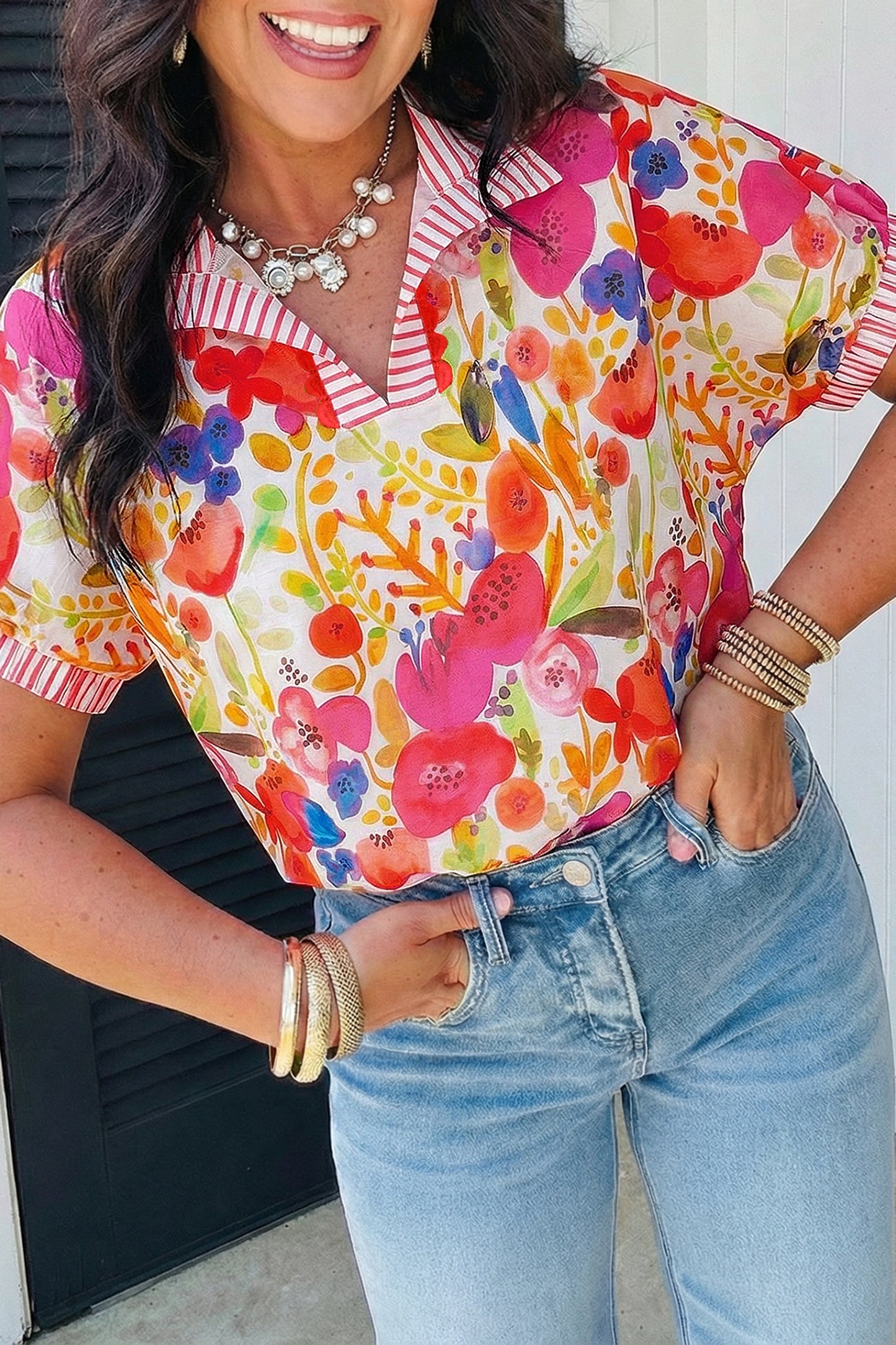 Rose Striped Trim Collared V Neck Short Sleeve Floral Print Blouse-Tops/Blouses & Shirts-[Adult]-[Female]-Rose-S-2022 Online Blue Zone Planet