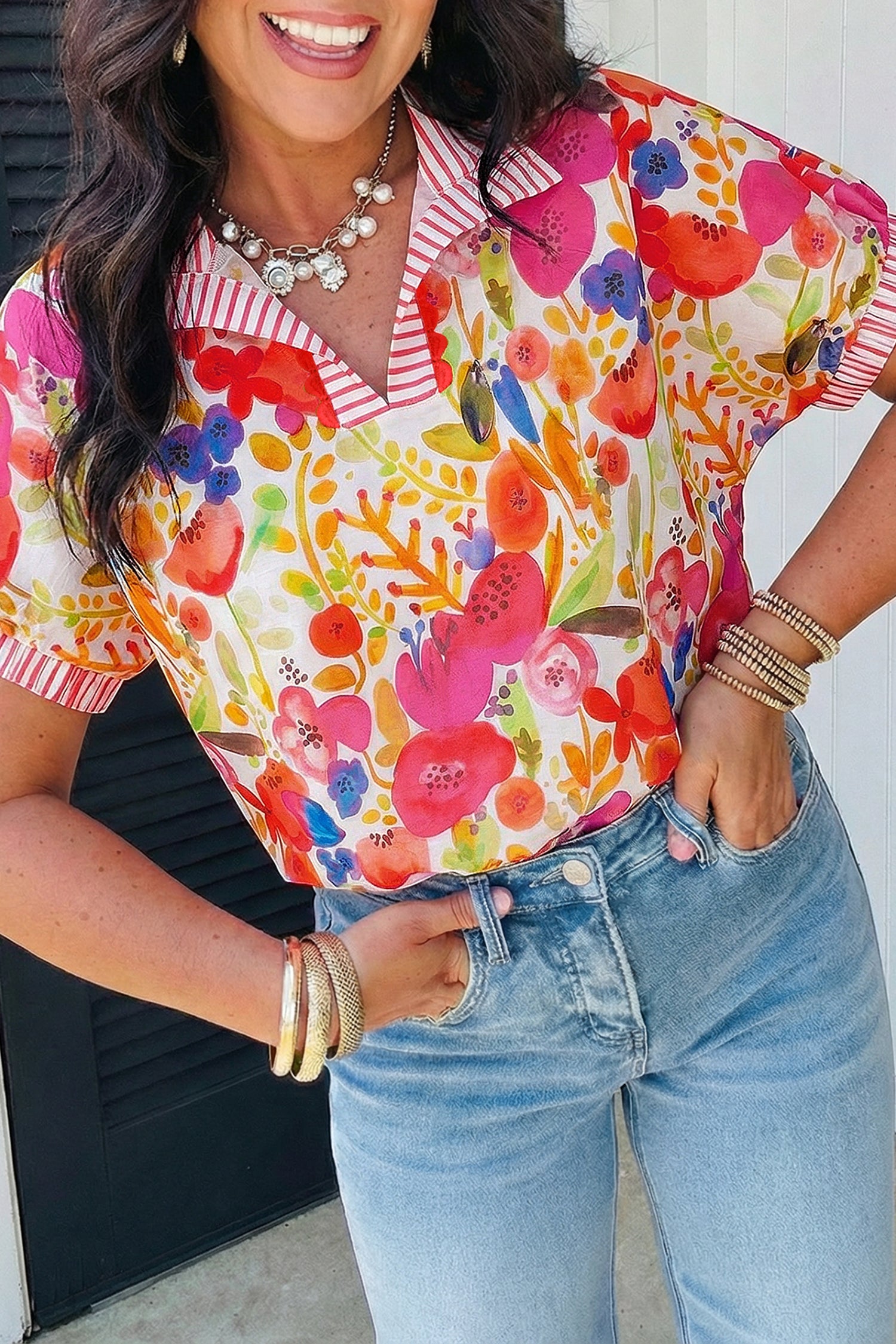 Rose Striped Trim Collared V Neck Short Sleeve Floral Print Blouse-Tops/Blouses & Shirts-[Adult]-[Female]-Rose-S-2022 Online Blue Zone Planet