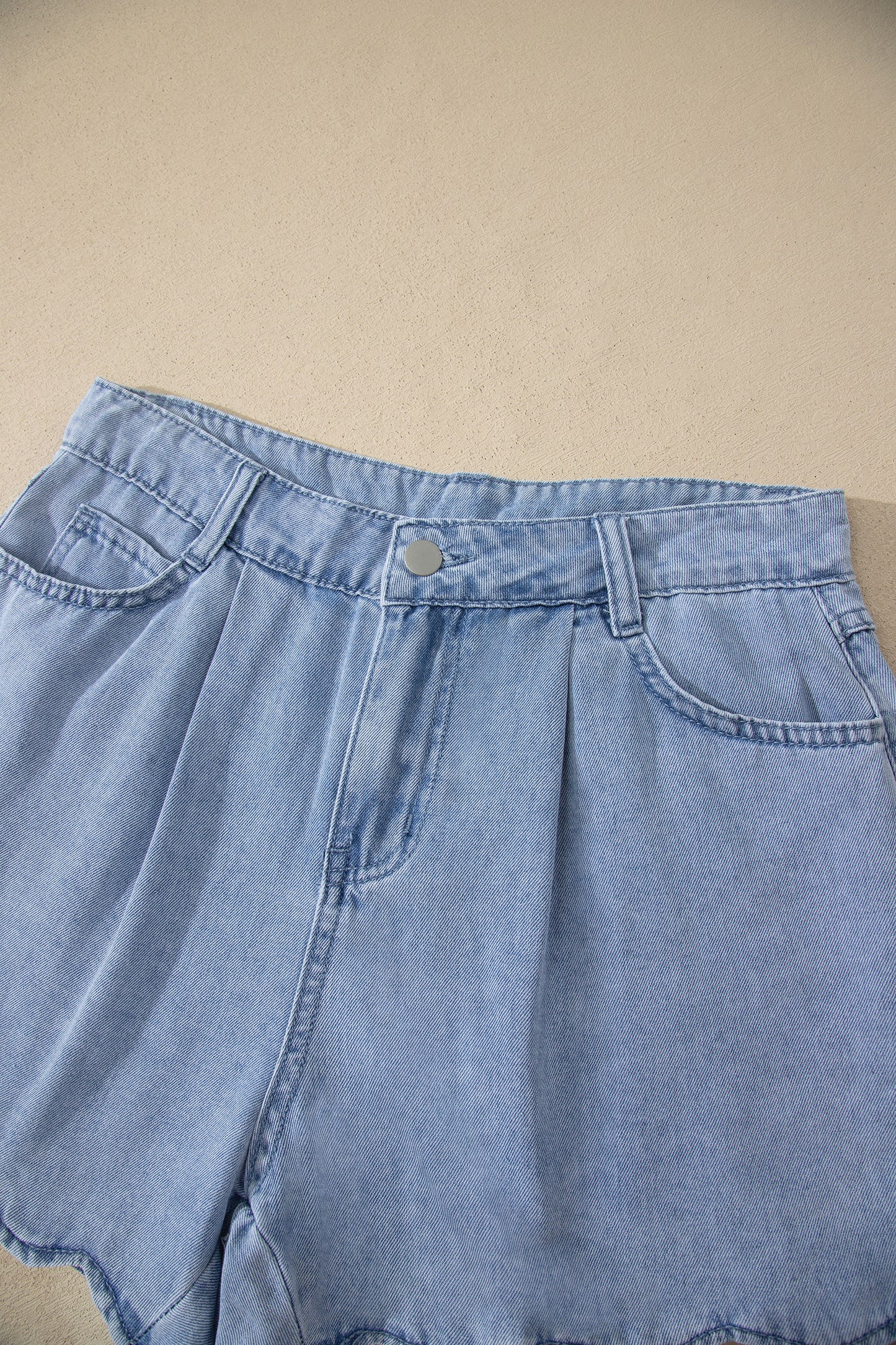 Myosotis Solid Color Scalloped Trim Casual Denim Shorts-Bottoms/Denim Shorts-[Adult]-[Female]-2022 Online Blue Zone Planet