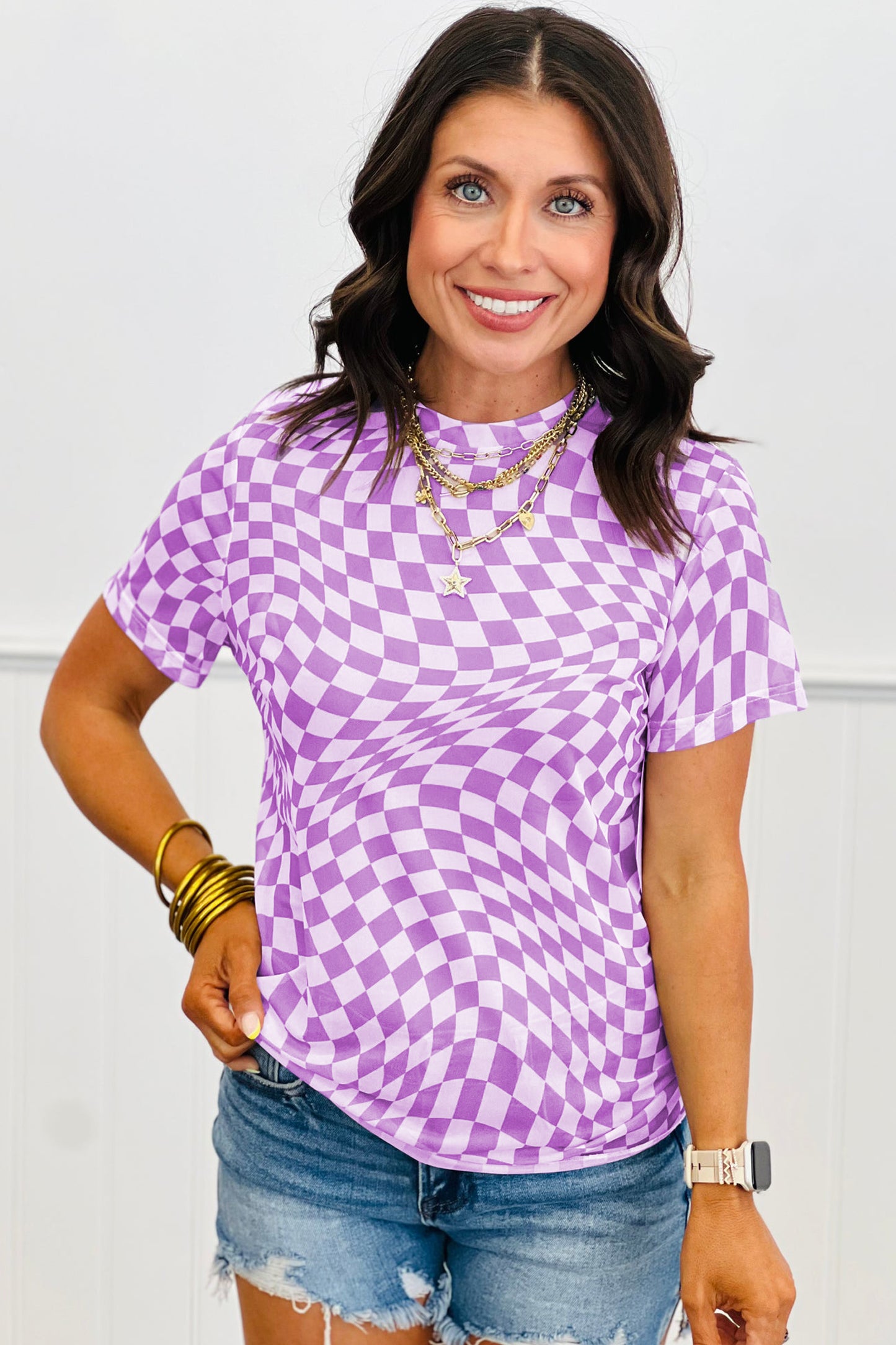 Khaki Checkered Print Mock Neck Mesh T Shirt-Tops/Tops & Tees-[Adult]-[Female]-2022 Online Blue Zone Planet