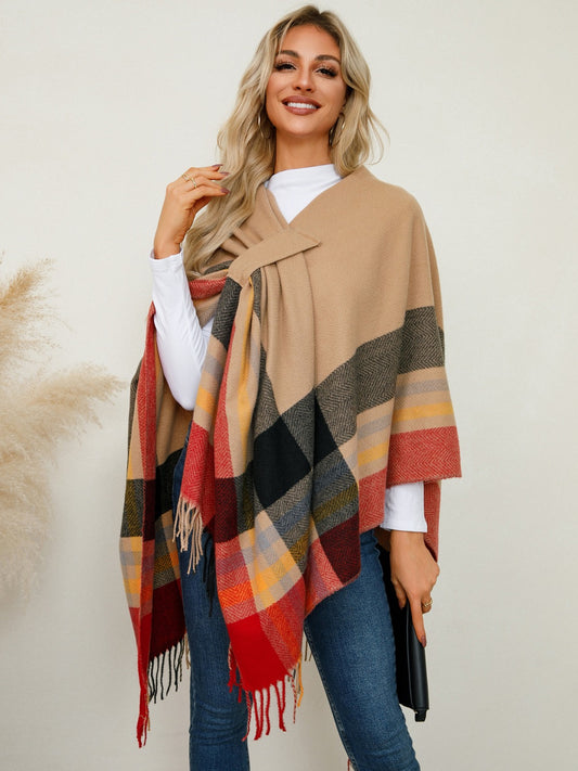 Fringe Contrast Plaid Poncho-TOPS / DRESSES-[Adult]-[Female]-Sherbet-One Size-2022 Online Blue Zone Planet