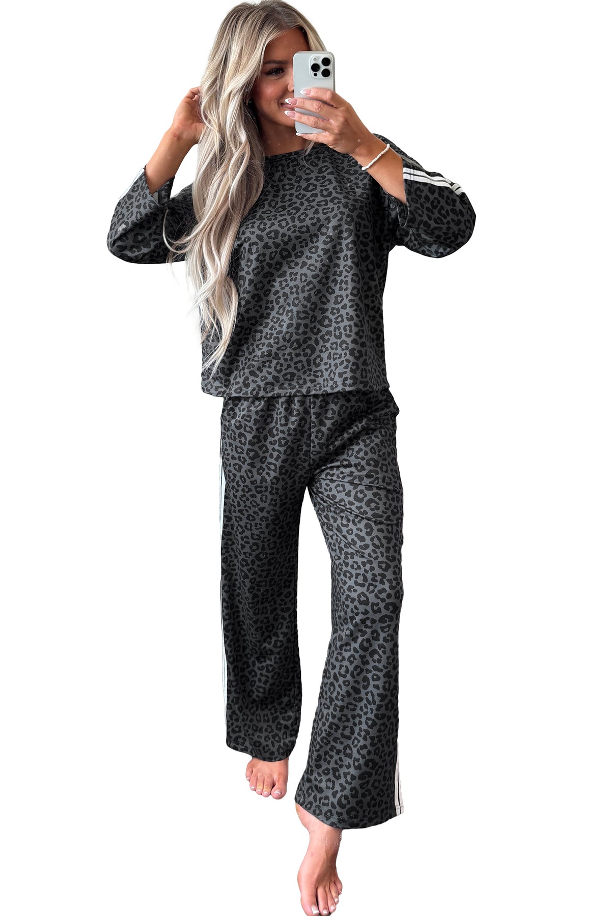 Pink Leopard Print Varsity Striped Detail 3/4 Sleeve Top Shift Pant Set-Two Piece Sets/Pant Sets-[Adult]-[Female]-2022 Online Blue Zone Planet