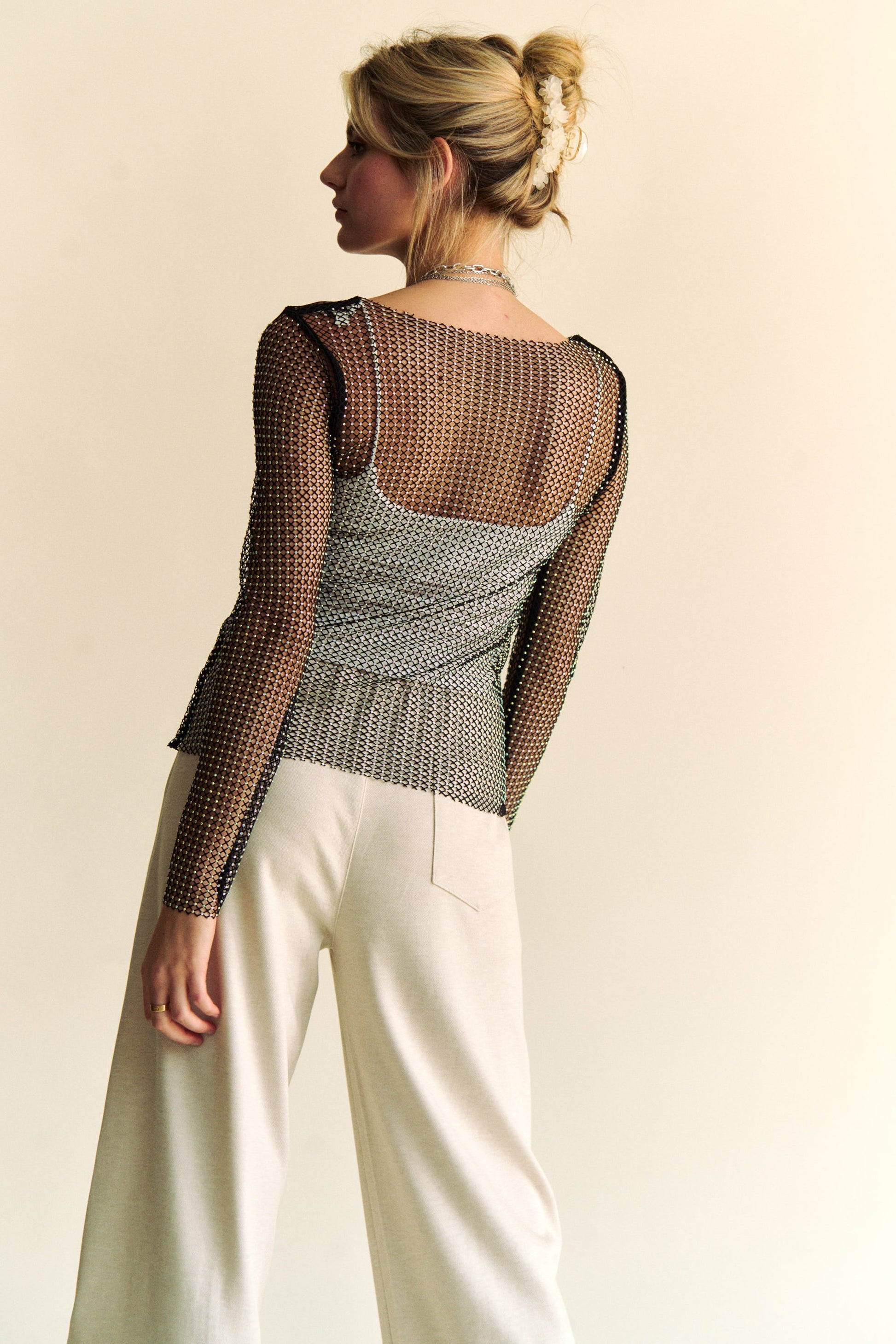 Davi & Dani Sparkling Rhinestone Sheer Mesh Round Neck Top-TOPS / DRESSES-[Adult]-[Female]-2022 Online Blue Zone Planet