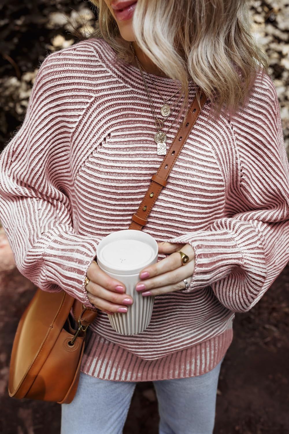 Textured Striped Round Neck Long Sleeve Top-TOPS / DRESSES-[Adult]-[Female]-Dusty Pink-S-2022 Online Blue Zone Planet