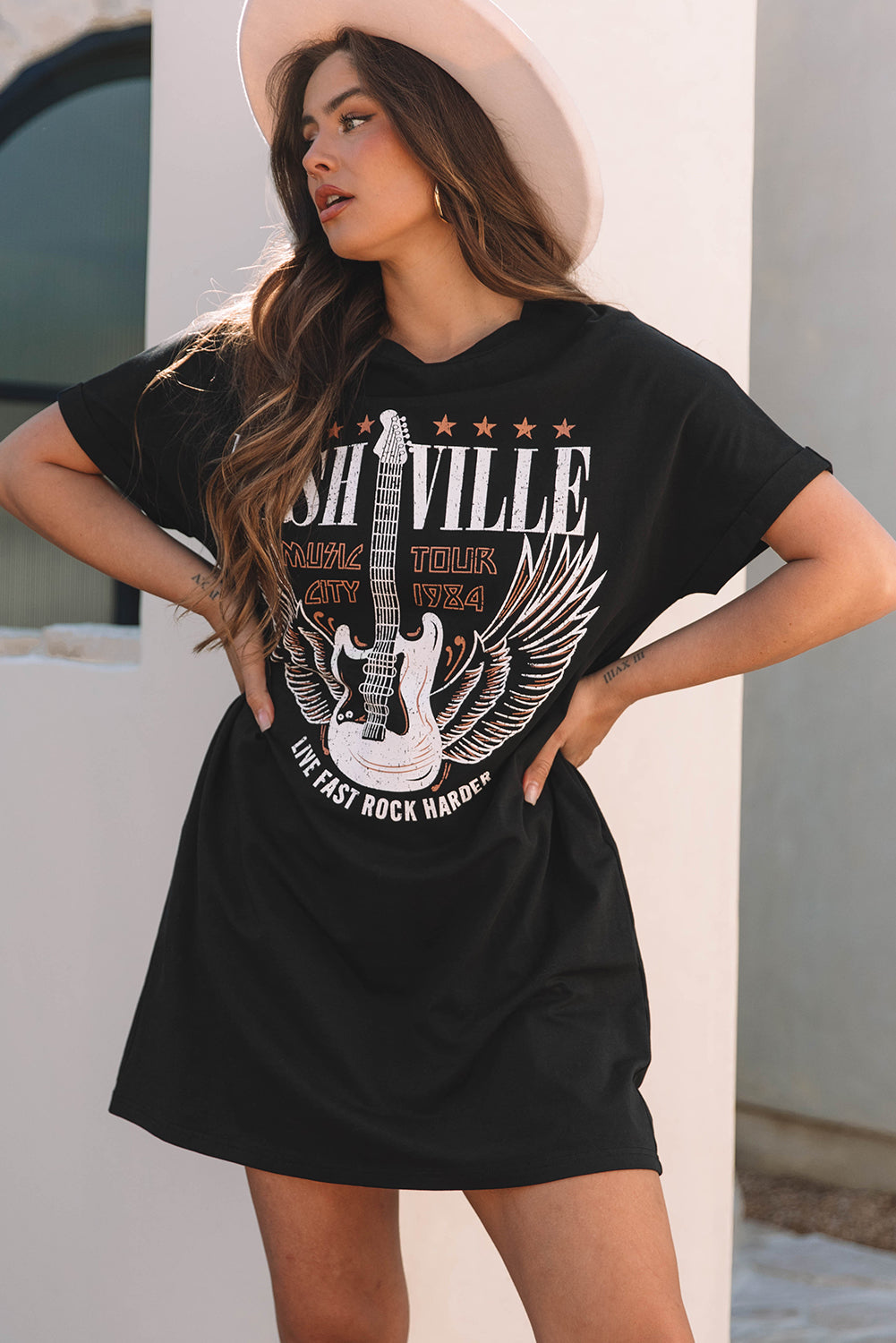 Black Nashville Guitar Print Crew Neck T Shirt Mini Dress-TOPS / DRESSES-[Adult]-[Female]-2022 Online Blue Zone Planet